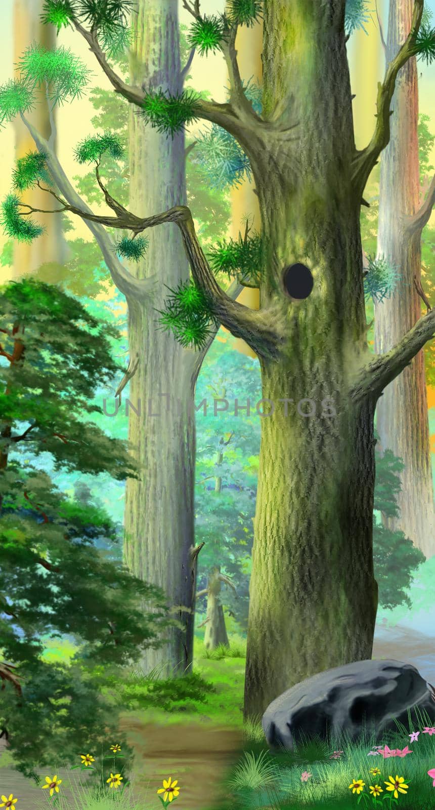 Hollow in a large pine tree in the taiga on a summer day. Digital Painting Background, Illustration.
