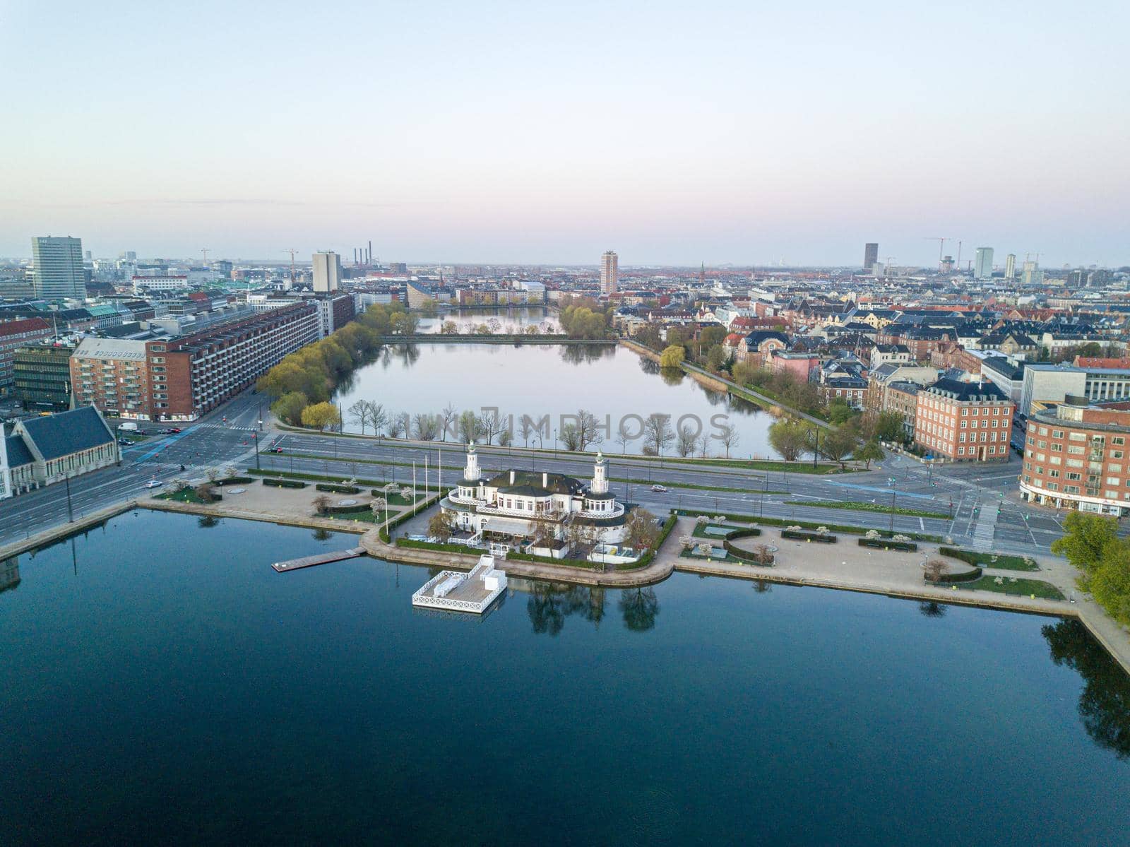 Copenhagen, Denmark - April 17, 2020: Aerial drone view of the historic Lake Pavilion.