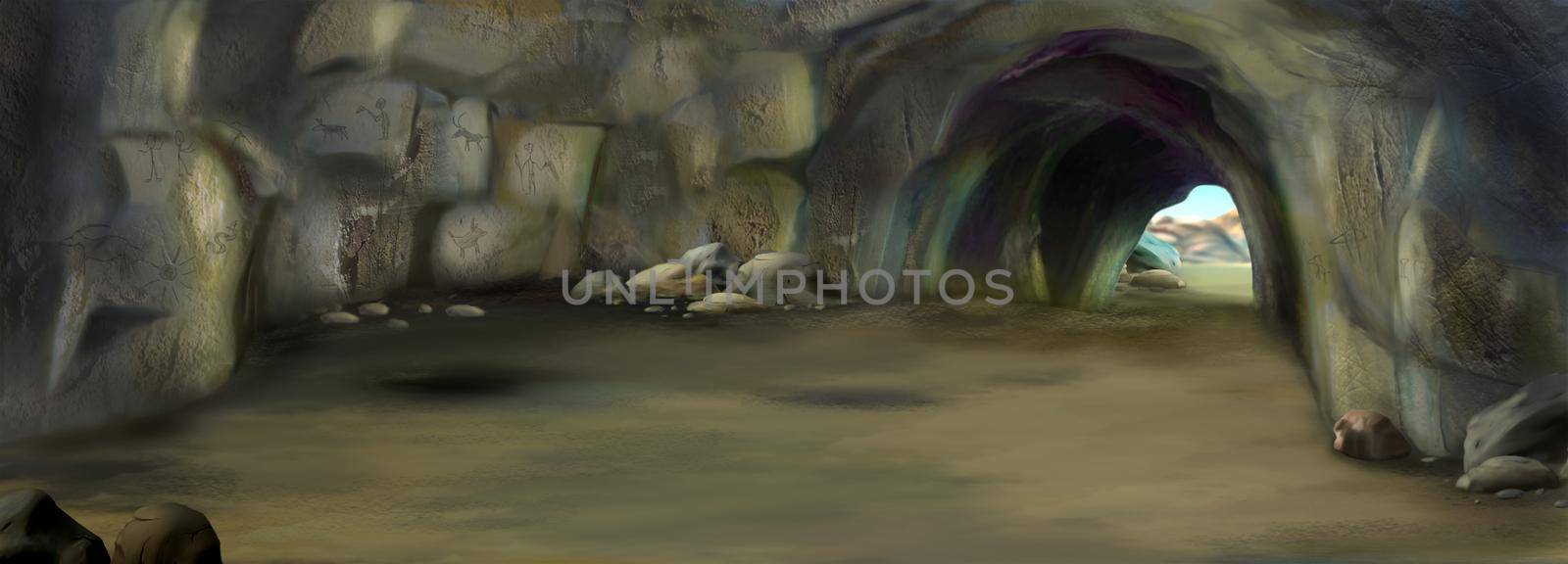 Large cave with drawings of ancient people on the walls. Digital Painting Background, Illustration.