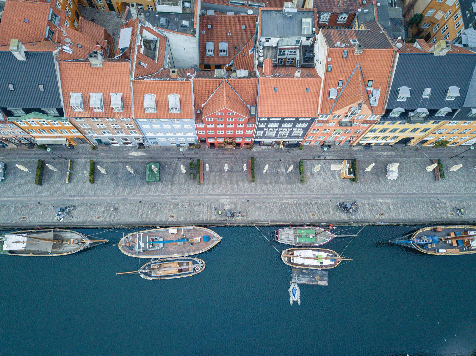 Aerial Drone View of Nyhavn in Copenhagen, Denmark by oliverfoerstner