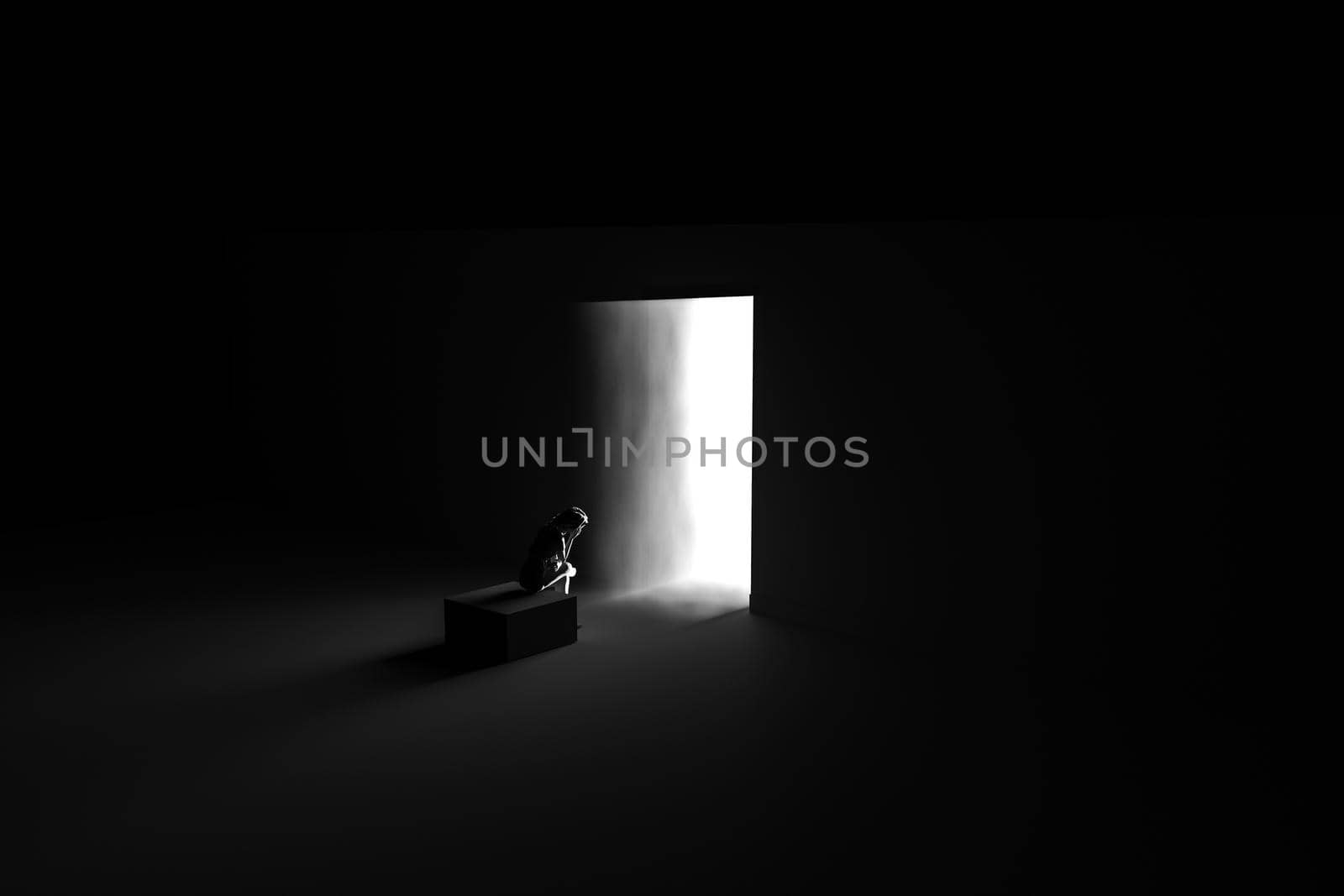 woman silhouette sitting front of a lighting door 3d illustration 