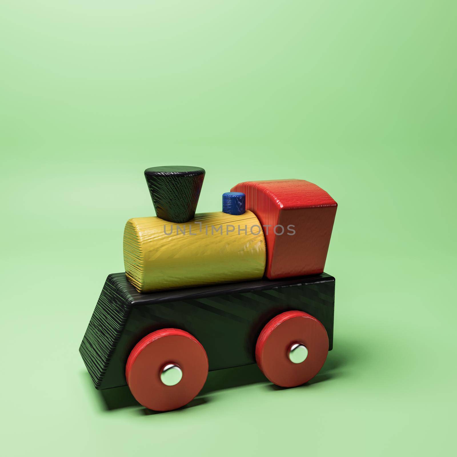 wooden train isolated on green background 3d illustration 