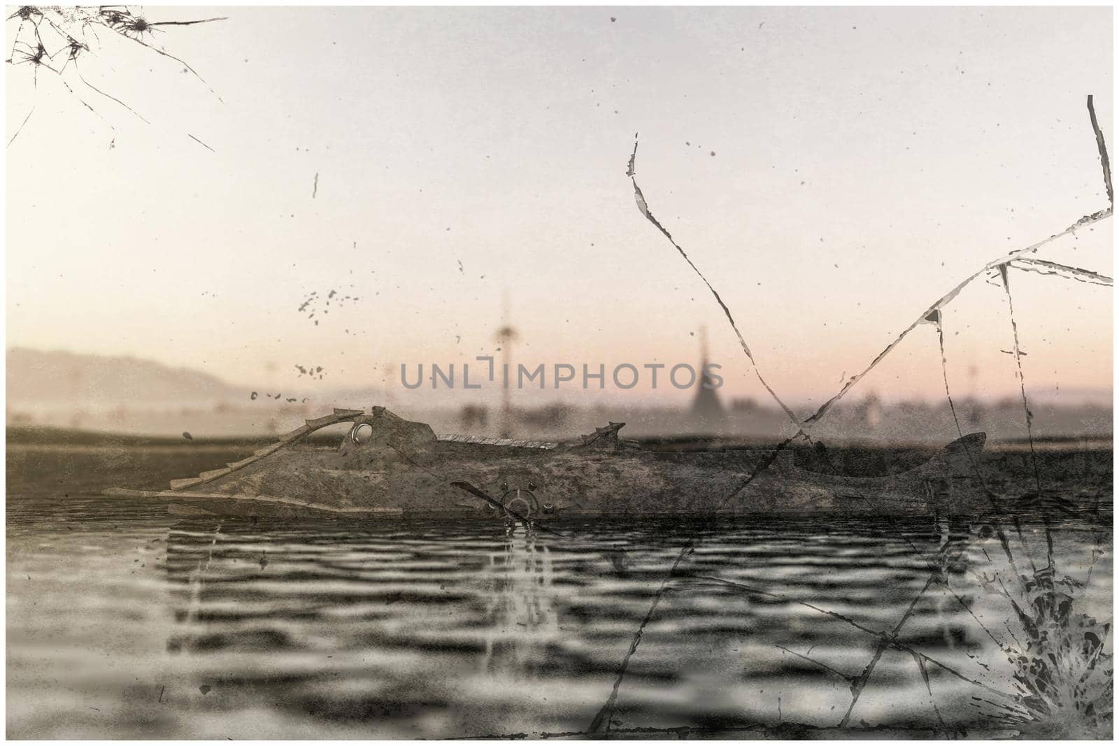 3d illustration of  an old submarine behind a broken glass
