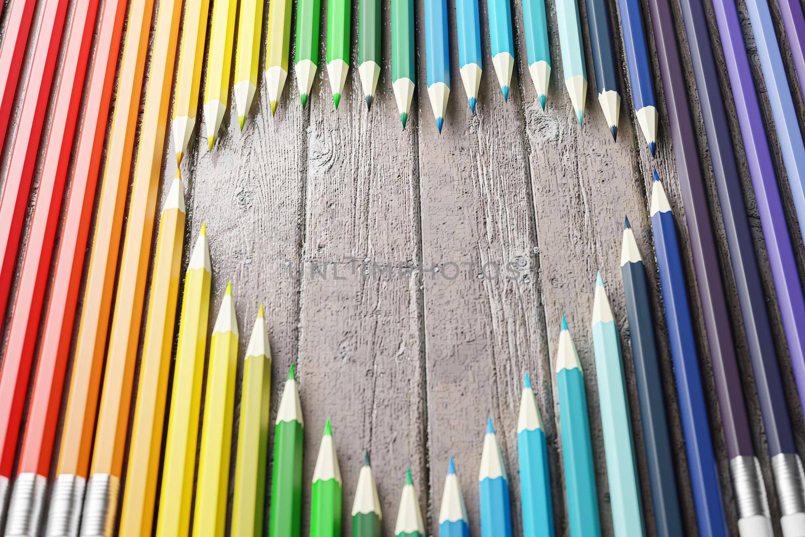pencils heart shaped set on wooden floor "3d illustration "