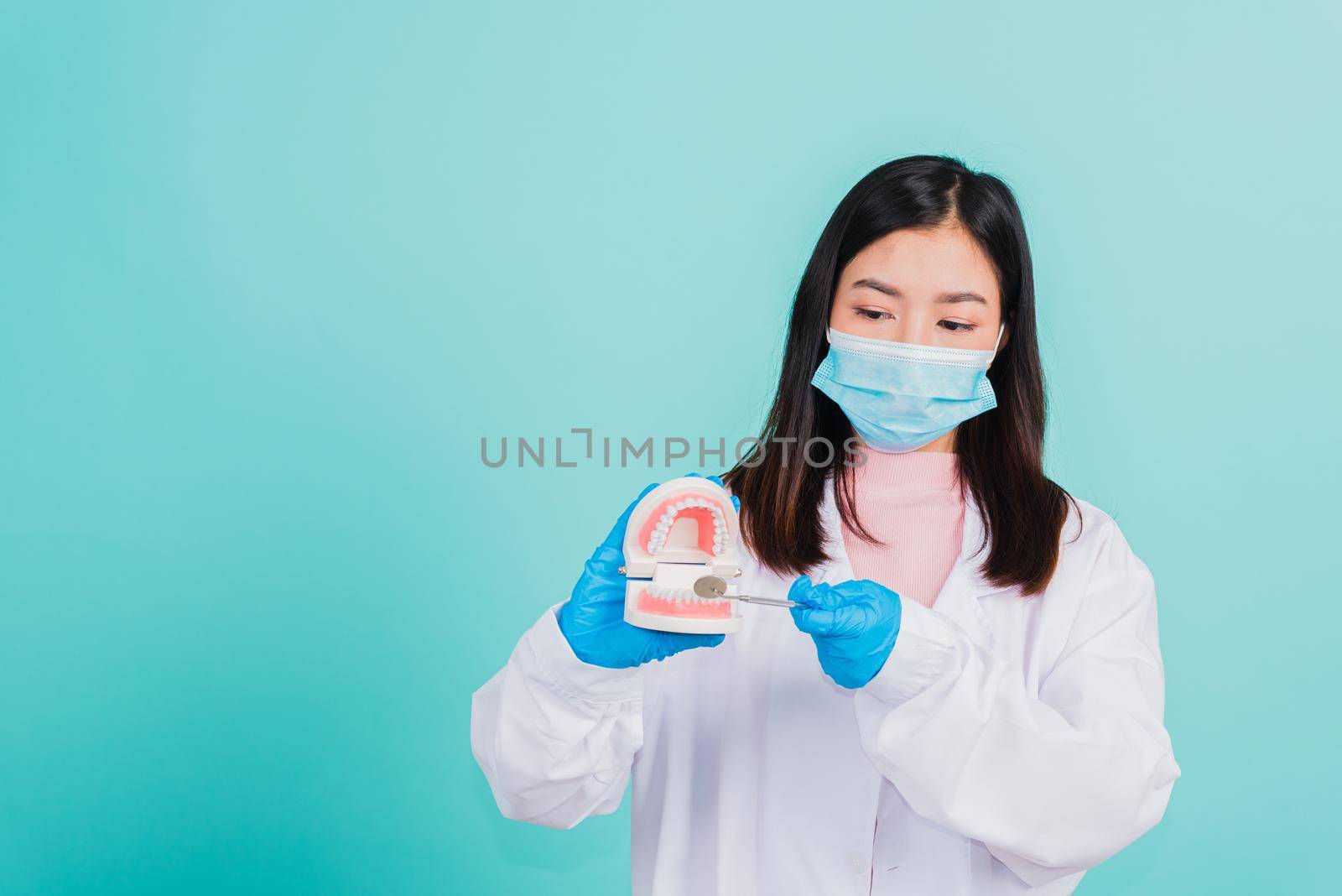 woman dentist holding professional tool and pointing model teeth denture by Sorapop