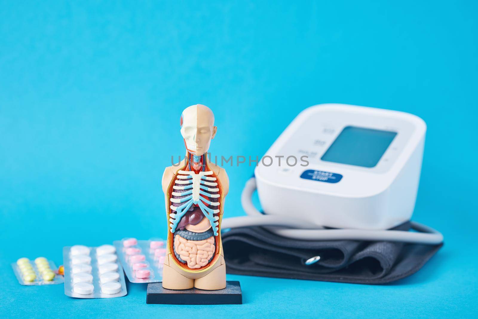 Digital blood pressure monitor, anatomical dummy man mannequin and medical pills on a blue background. Healthcare and medicine concept by Lazy_Bear