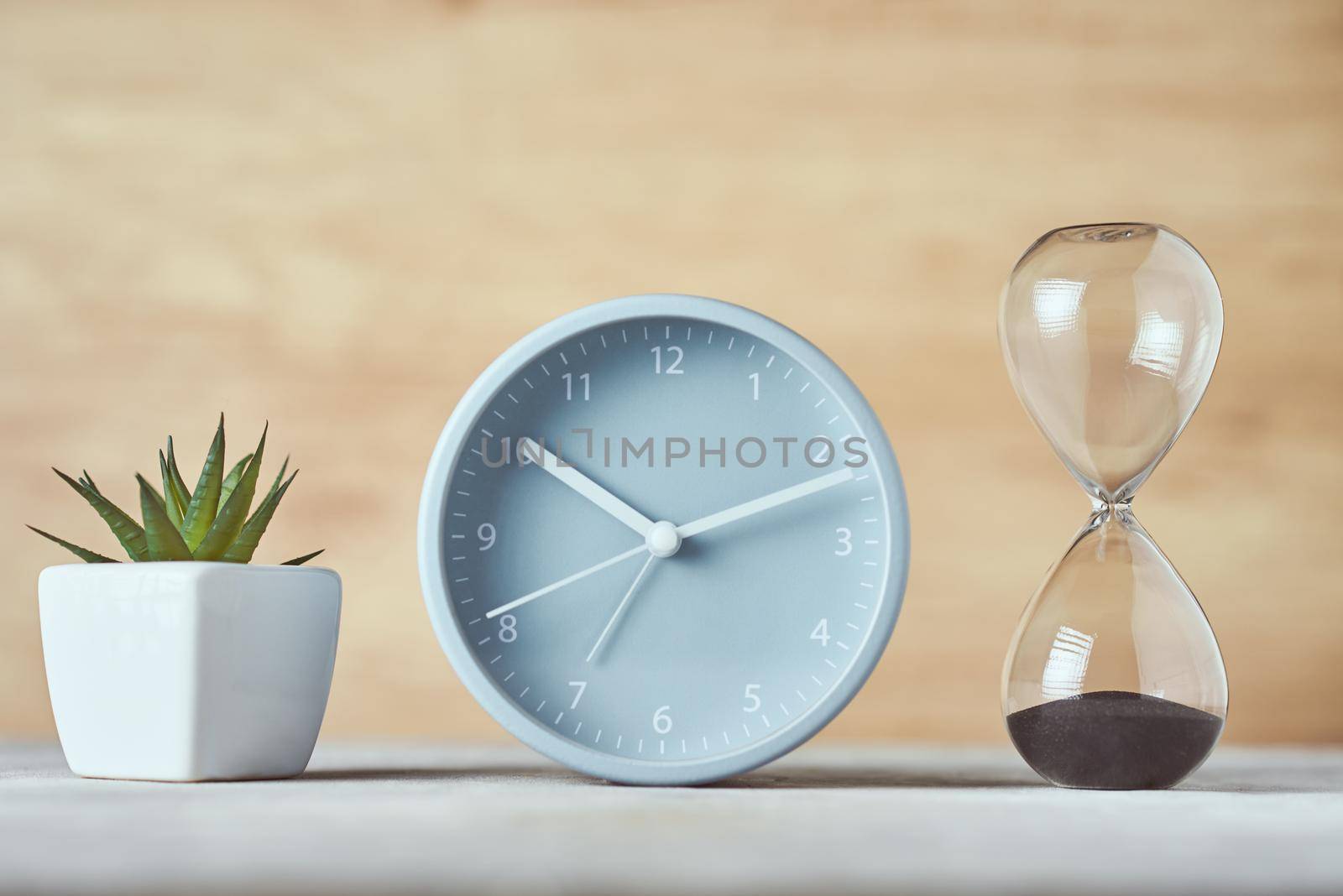 Hourglass, alarm clock and plant on table, close up