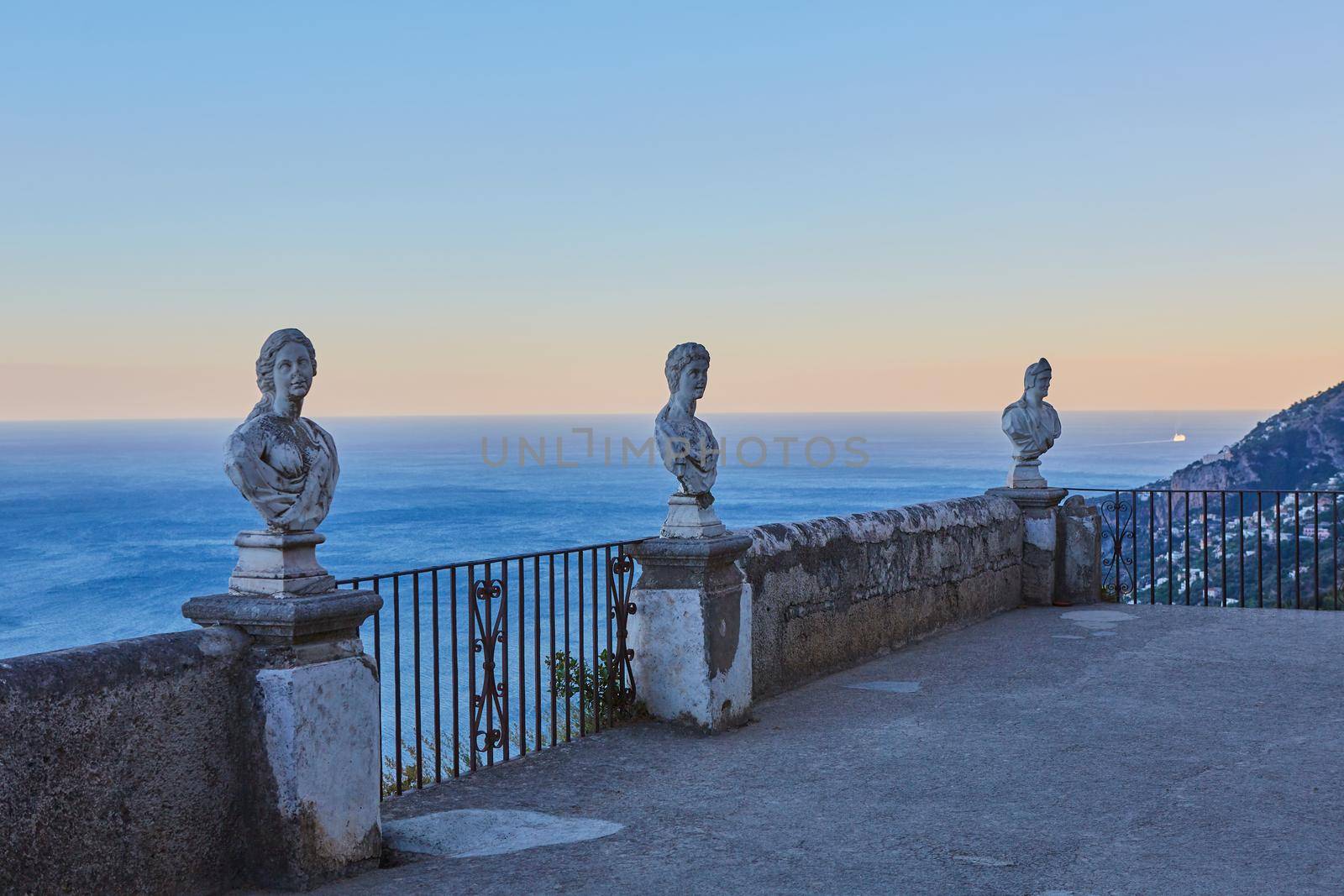 Scenic picture-postcard view of famous Amalfi Coast with Gulf of Salerno from Villa Cimbrone gardens in Ravello, Naples, Italy by sarymsakov