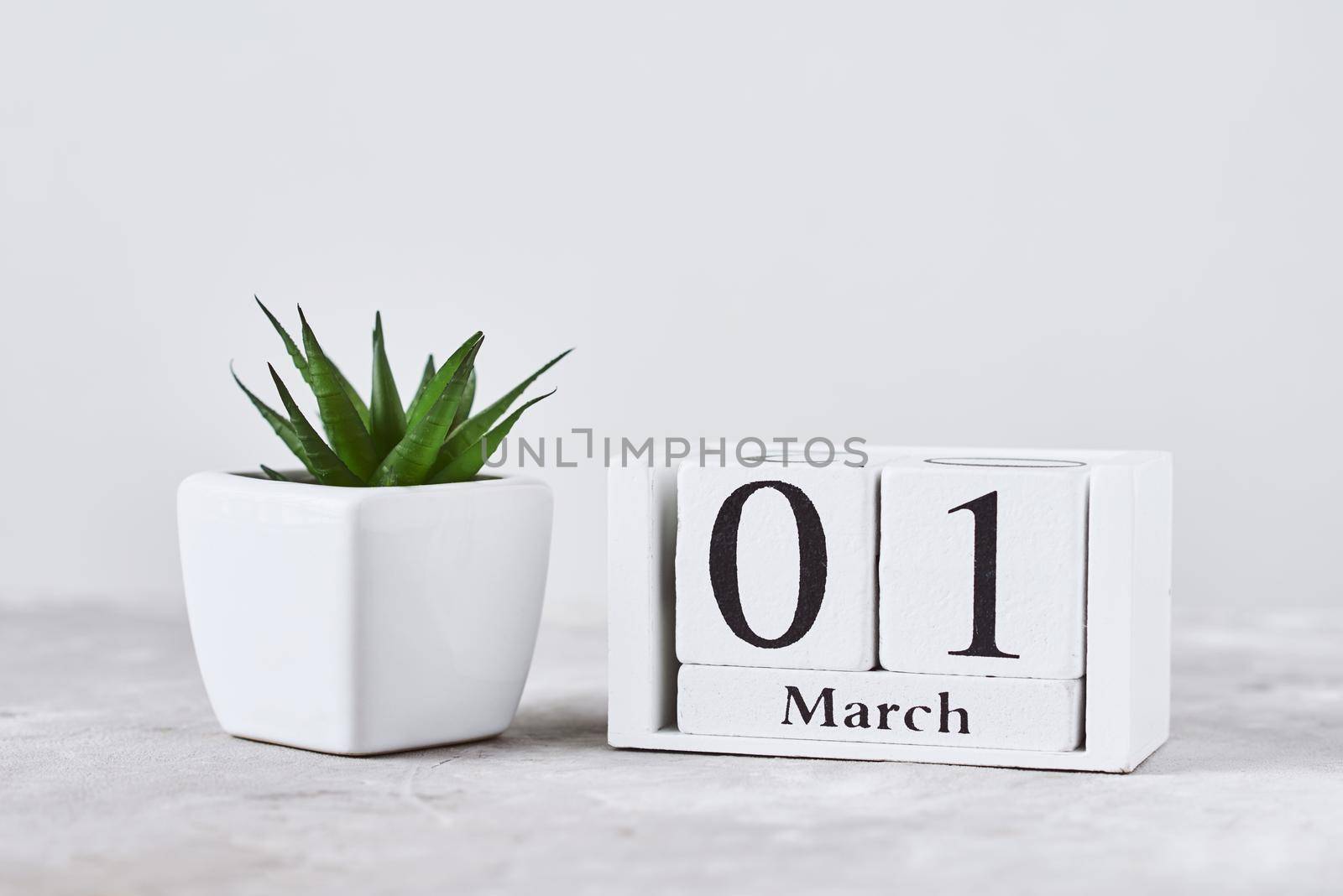 Wooden block calendar with date 1 march and plant on the table. Spring concept by Lazy_Bear