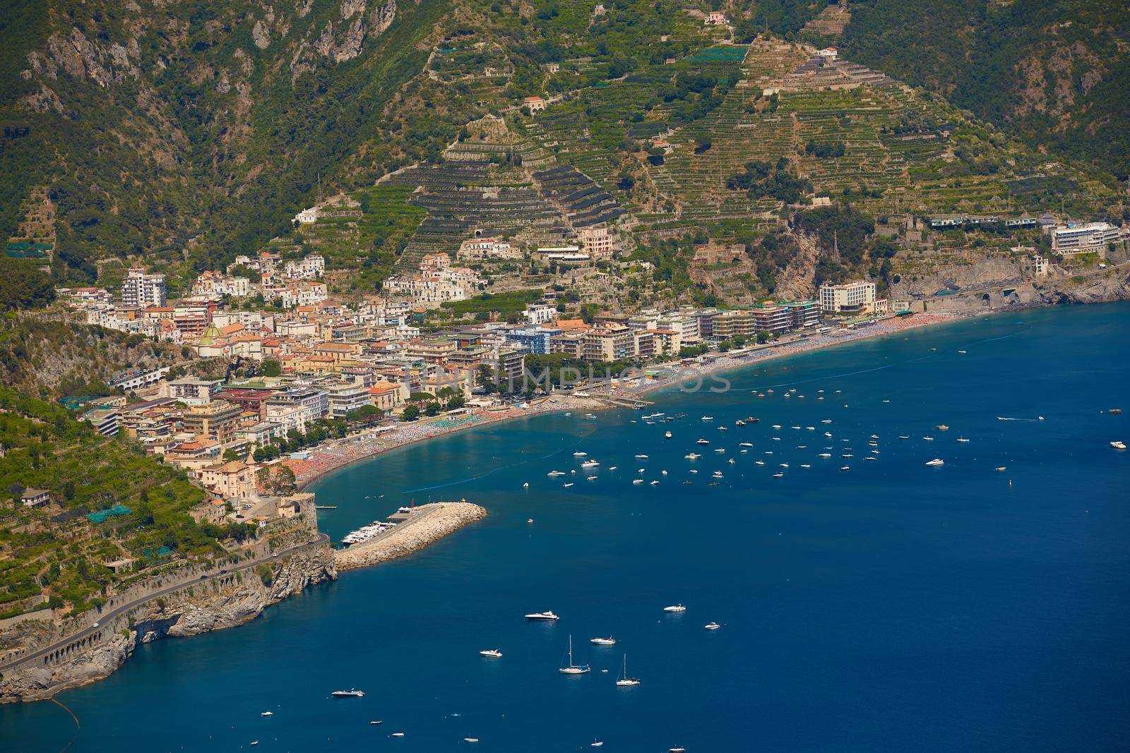 High angle view of Minori and Maiori, Amalfi coast, Italy.