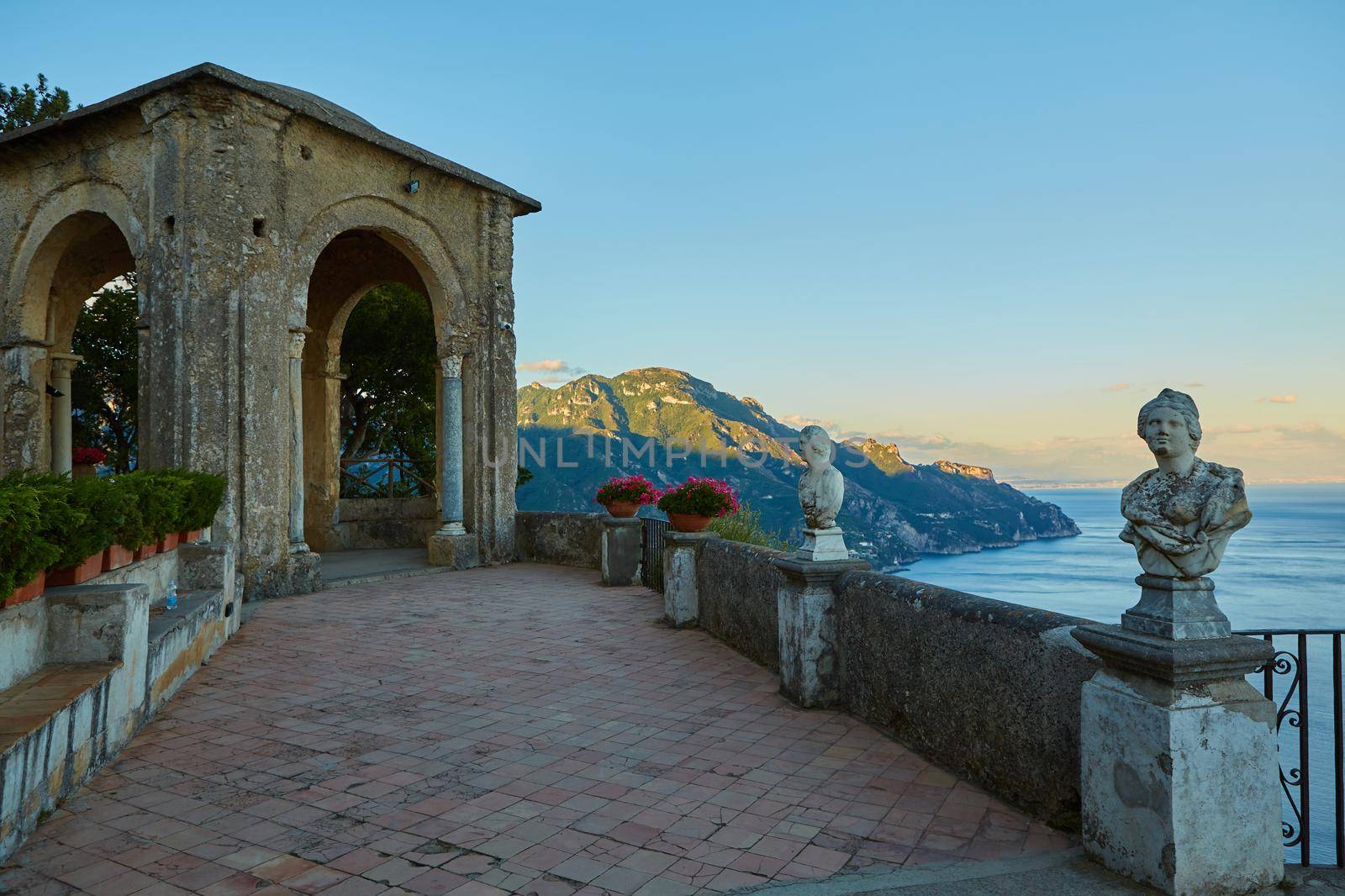Scenic picture-postcard view of famous Amalfi Coast with Gulf of Salerno from Villa Cimbrone gardens in Ravello, Naples, Italy by sarymsakov