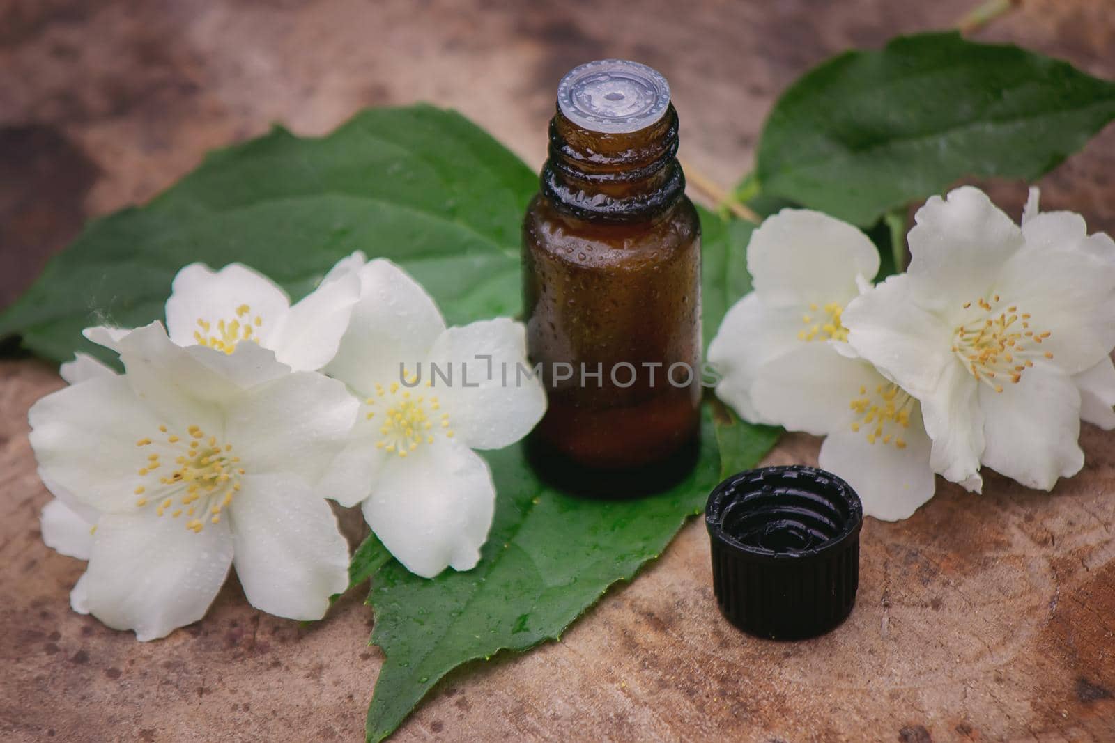 Essential oil and jasmine flowers on a wooden background. Cosmetic procedures. Selective focus