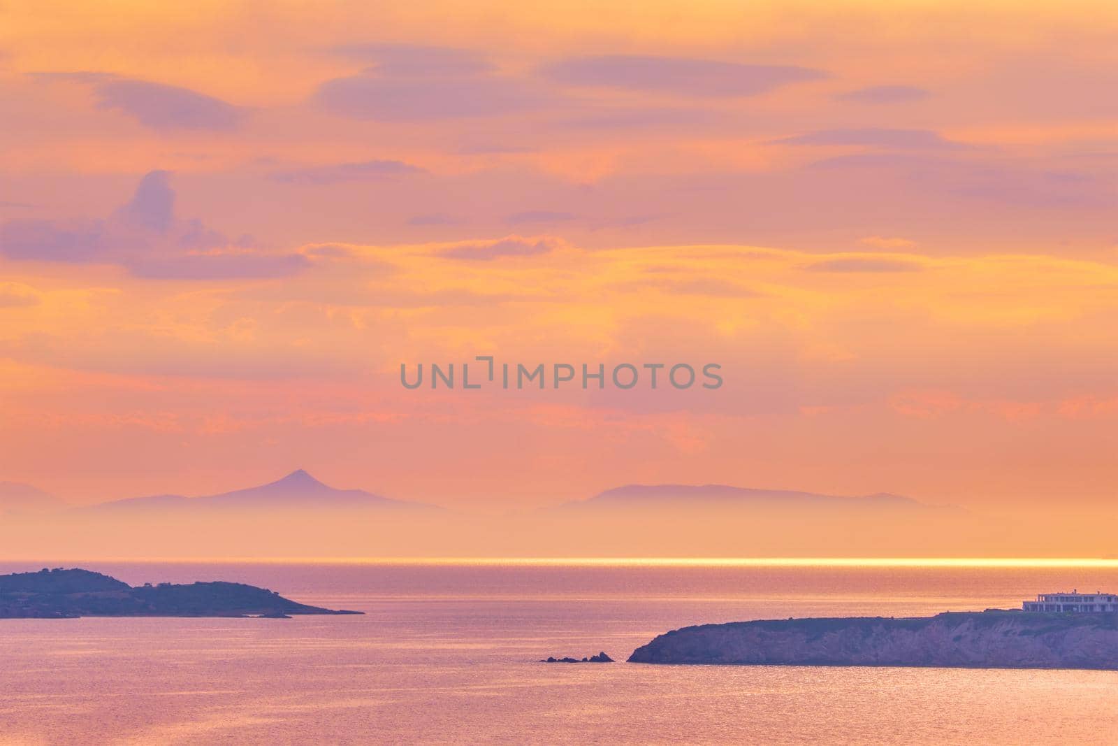 Aegean Sea with islands view on sunset by dimol