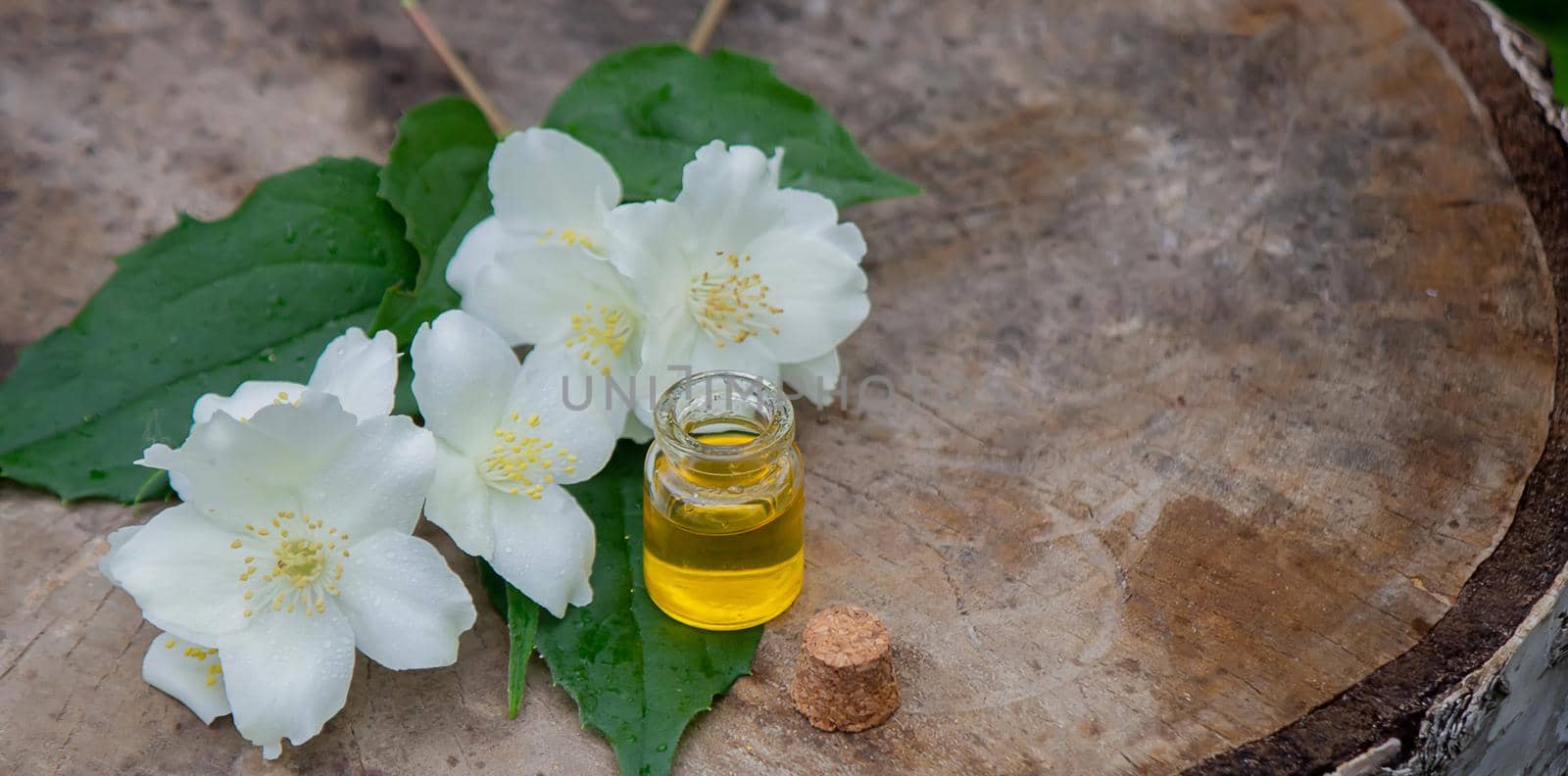Essential oil and jasmine flowers on a wooden background. Cosmetic procedures. by Anuta23