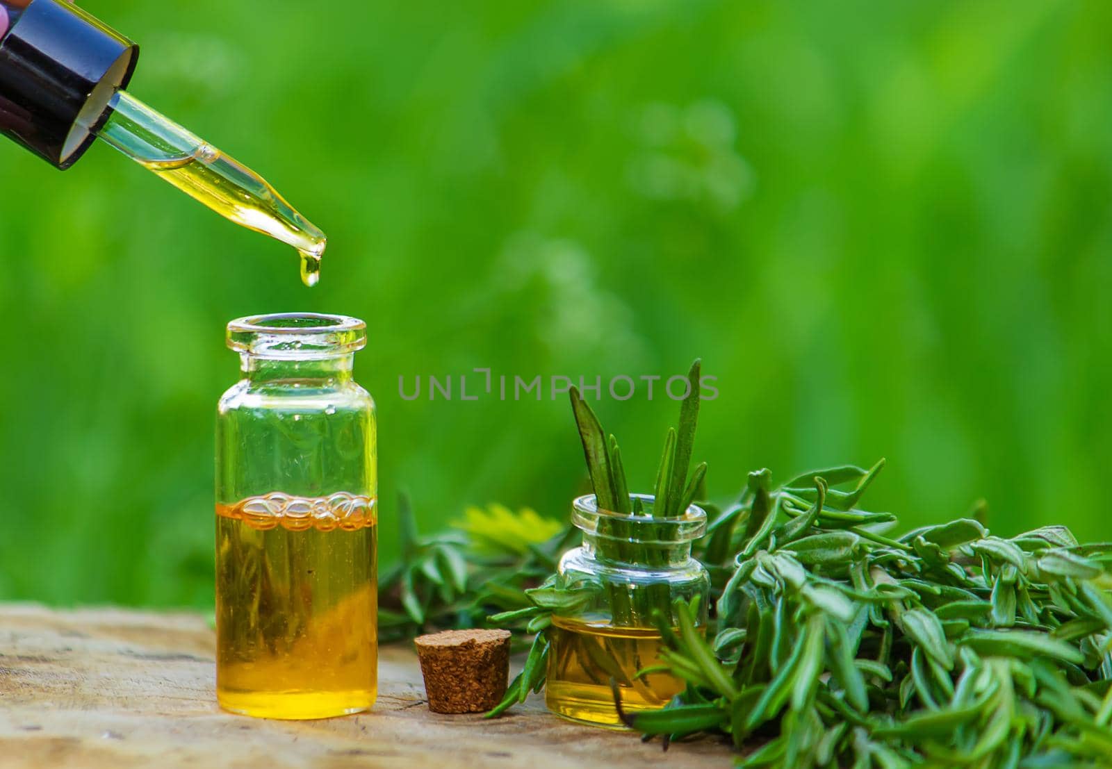 Rosemary oil bottle on wooden background. Essential oil, natural remedies. Nature. Selective focus