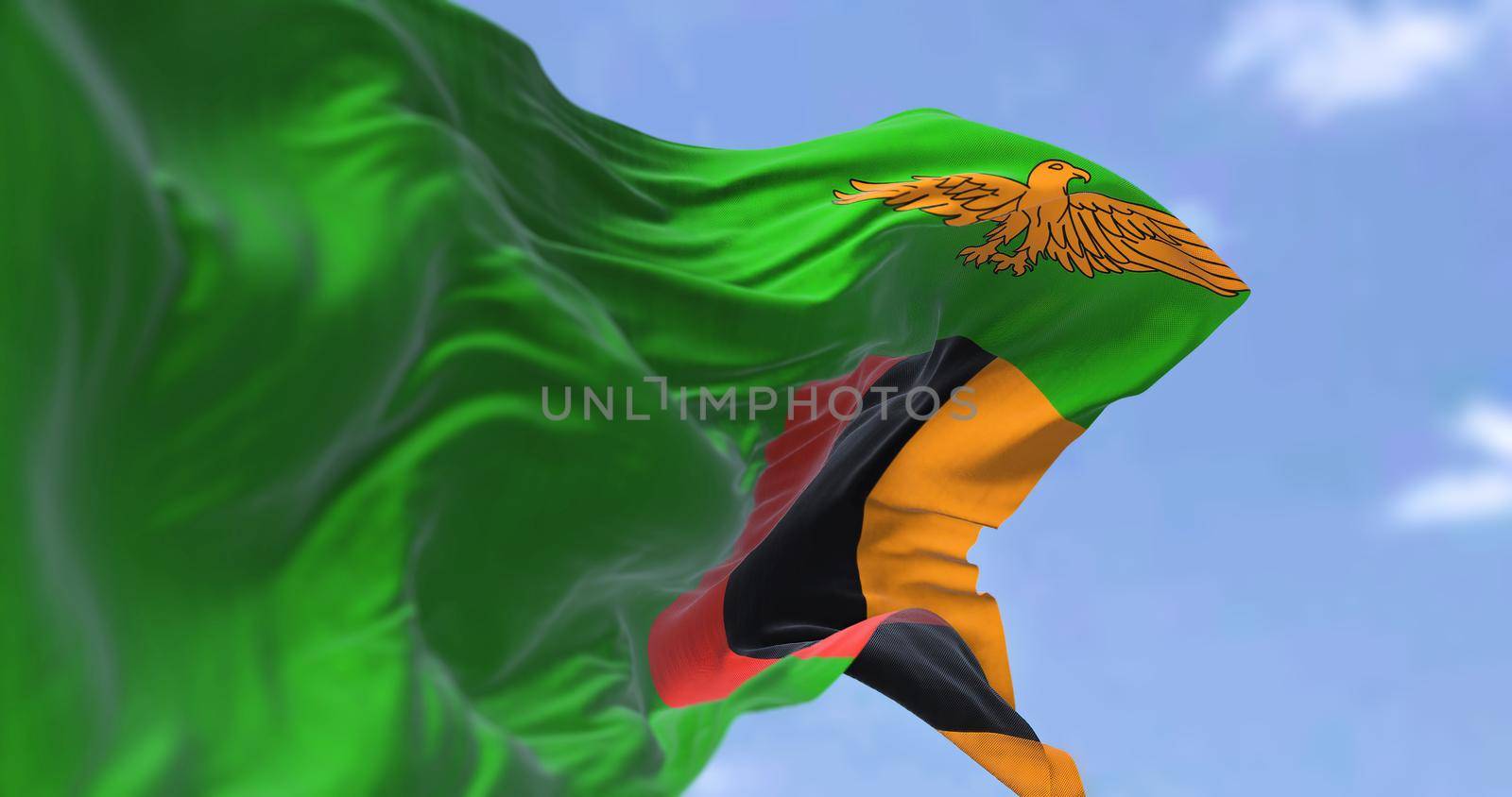 Detail of the national flag of Zambia waving in the wind on a clear day. by rarrarorro