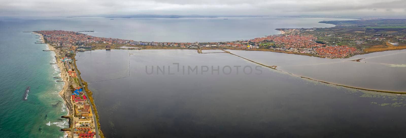 Amazing aerial panorama from drone to Pomorie city on the Bulgarian Black Sea coast by EdVal