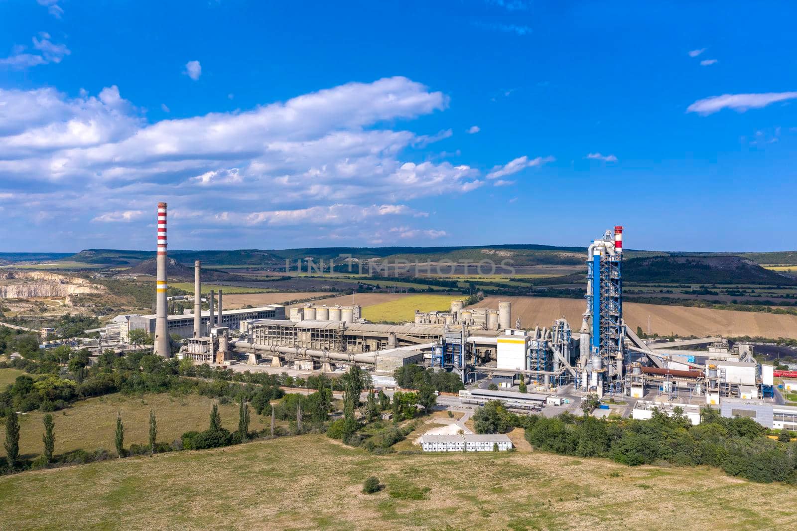 Aerial view from drone of cement factory.  The industrial landscape of cement factory