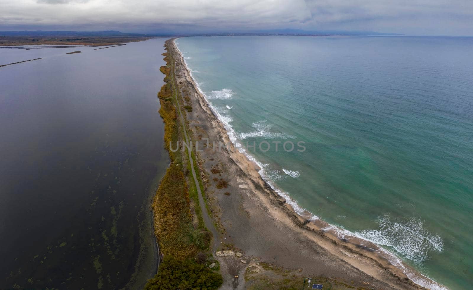 Aerial view of an incredibly long strip of land near Pomorie, Bulgaria