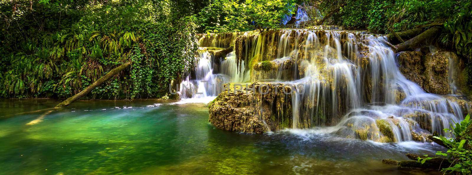 Cascade waterfalls paniramic view. Krushuna falls in Bulgaria near the village of Krushuna, Letnitsa.