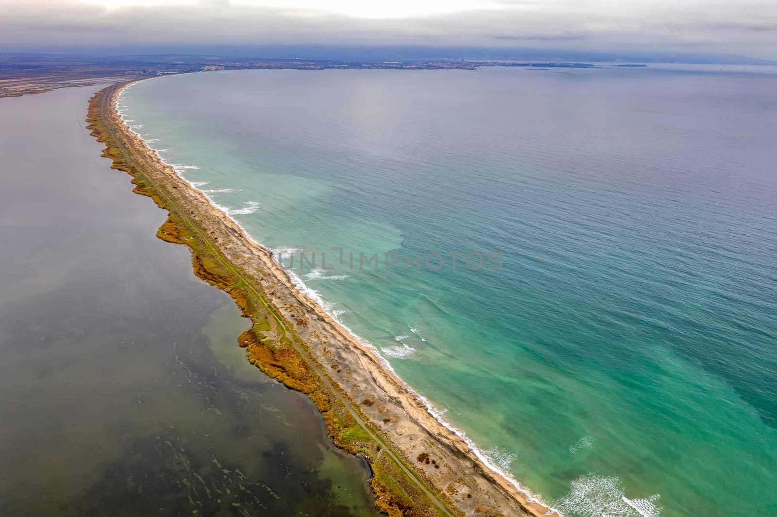 Aerial view of an incredibly long strip of land near Pomorie, Bulgaria