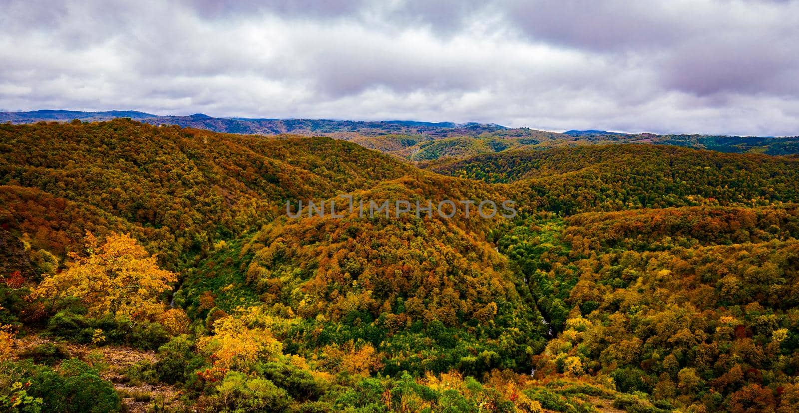 Colorful autumn mountain hills and big curve of river Veleka in Strandja mountain Bulgaria