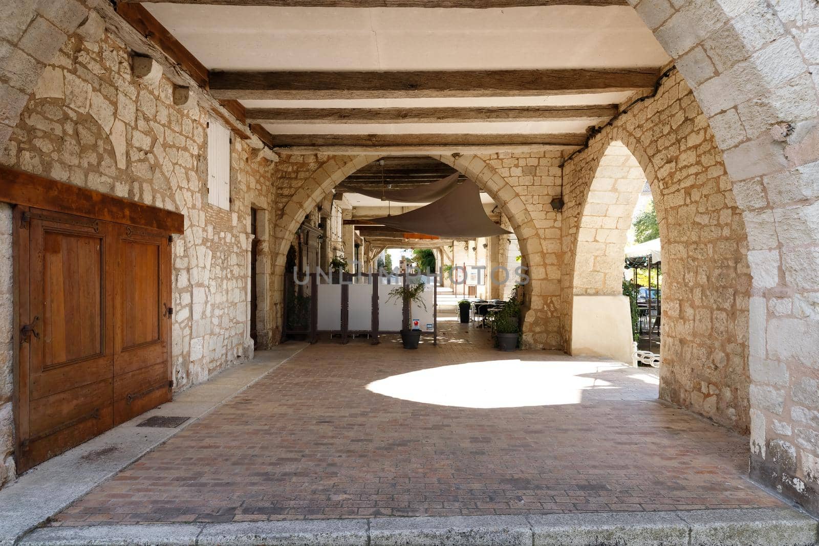 Monflanquin, France - October 17, 2021: architectural detail of typical houses in the city center on an autumn day