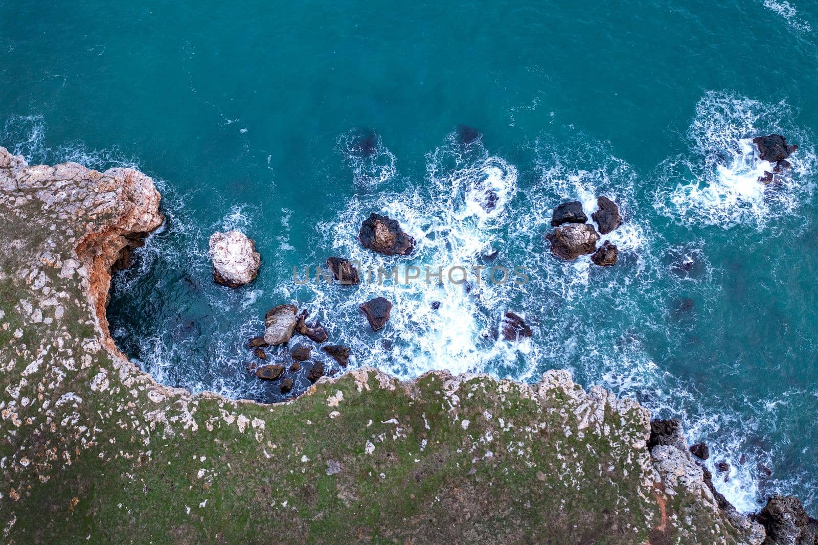 Aerial drone view of rocky coastline