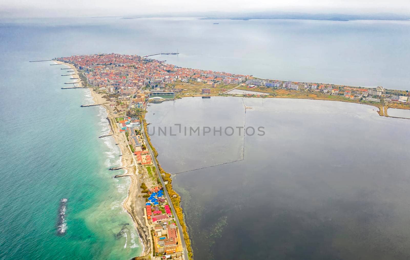Amazing aerial view from drone to Pomorie city on the Bulgarian Black Sea coast by EdVal