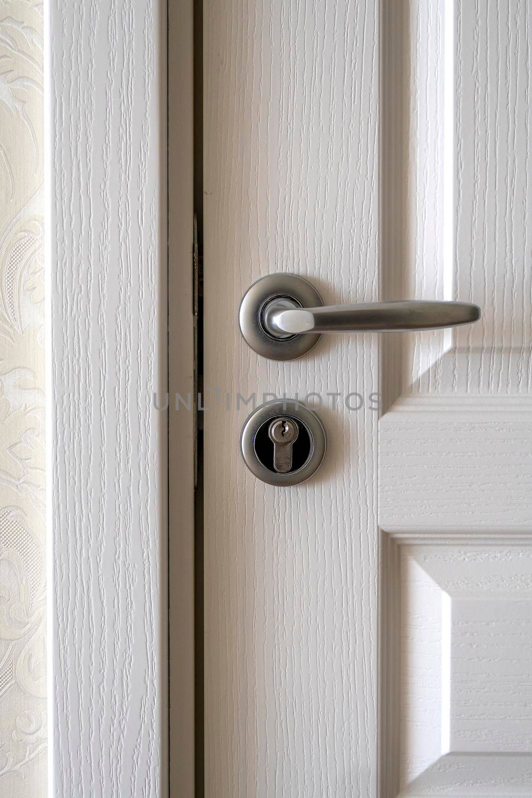 Exterior door handle and Security lock on Metal frame. Aluminum door knob. Modern wooden door with metal door handle