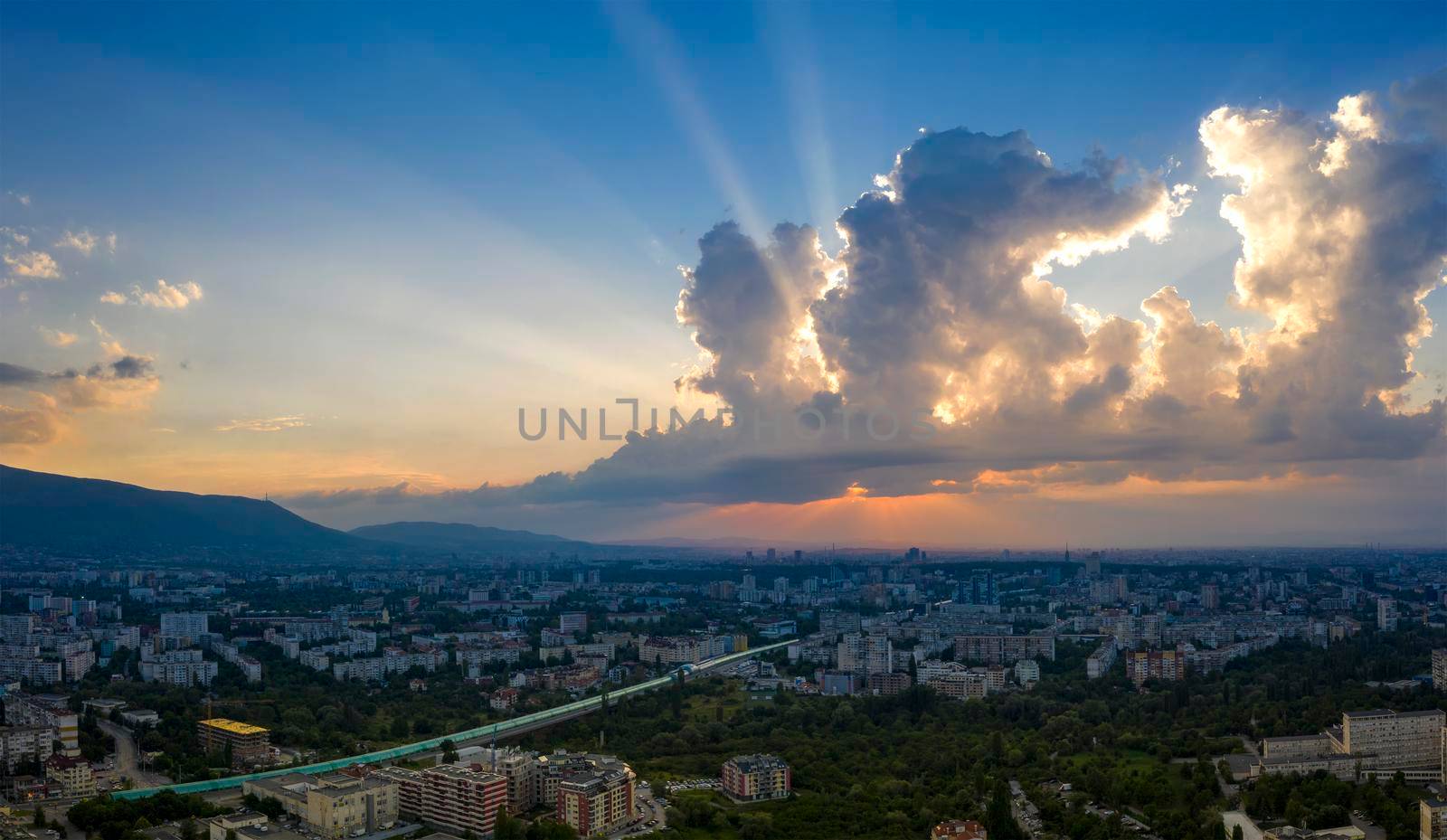 Amazing aerial view of the sunset over the city Sofia, Bulgaria. 