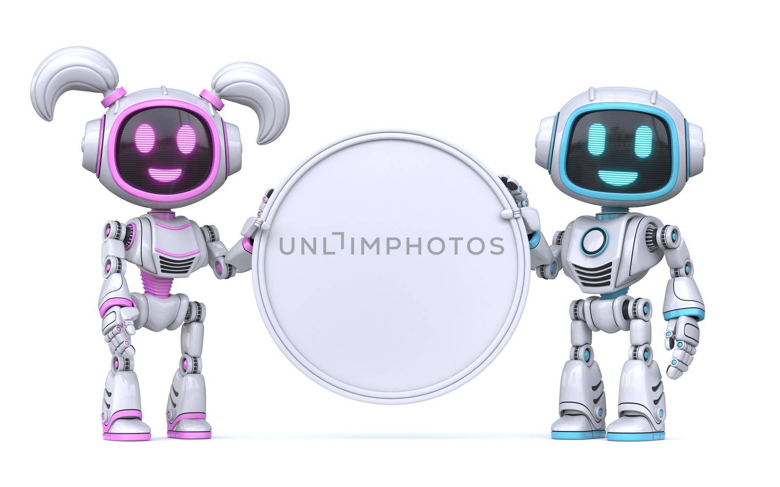 Cute pink girl and blue boy robots hold blank circle sign 3D rendering illustration isolated on white background