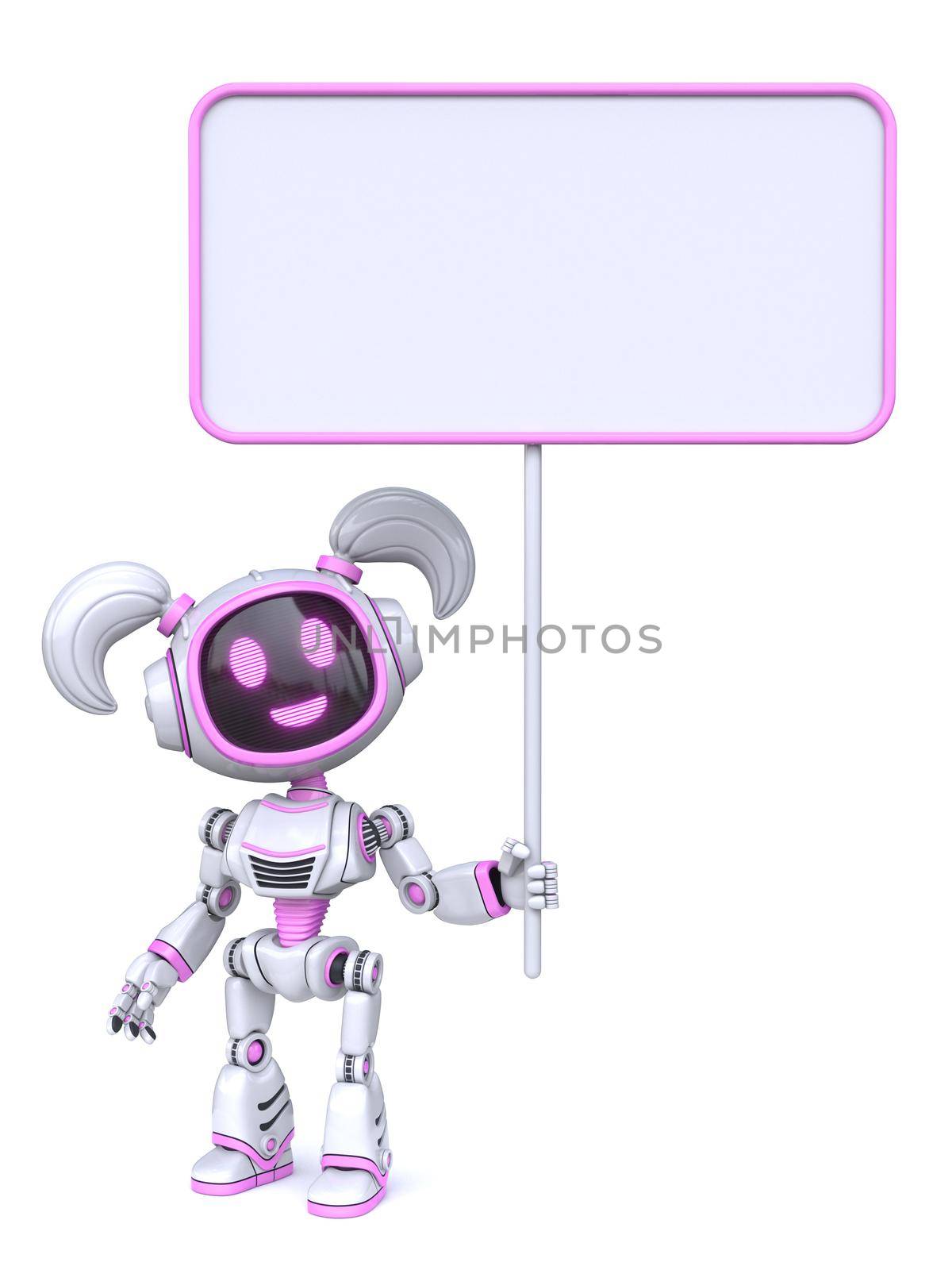 Cute pink girl robot with blank banner sign 3D by djmilic