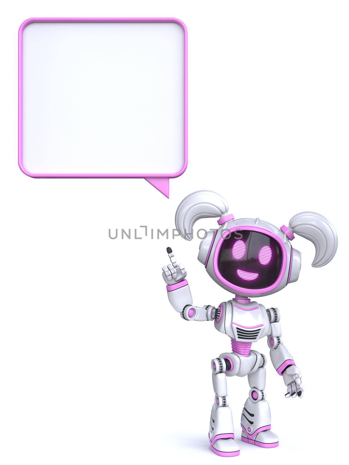 Cute pink girl robot with blank comic bubble 3D rendering illustration isolated on white background