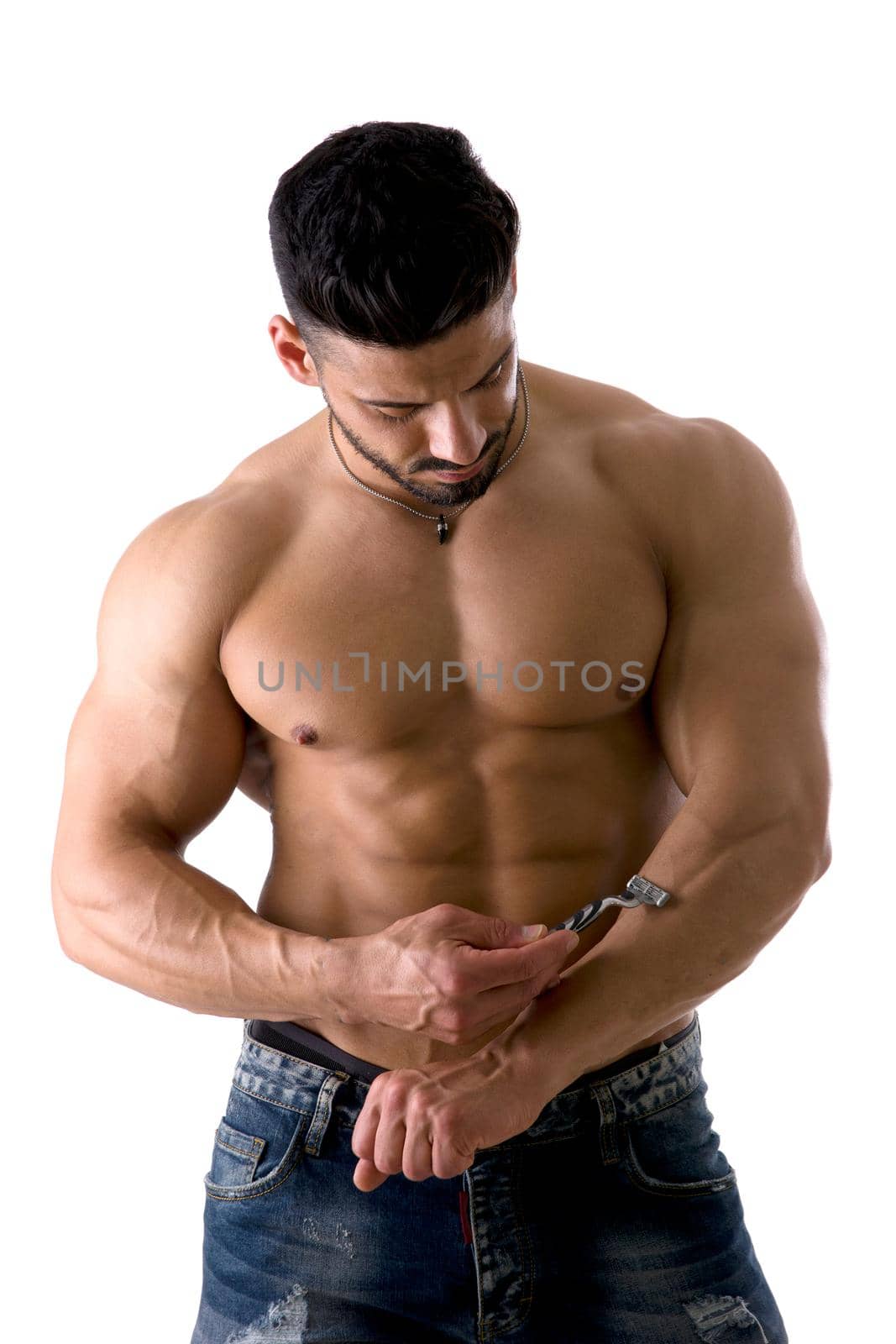 Close up Handsome Muscled Man Shaving his Forearm with Manual Shaver, Isolated on White Background in Studio Shot