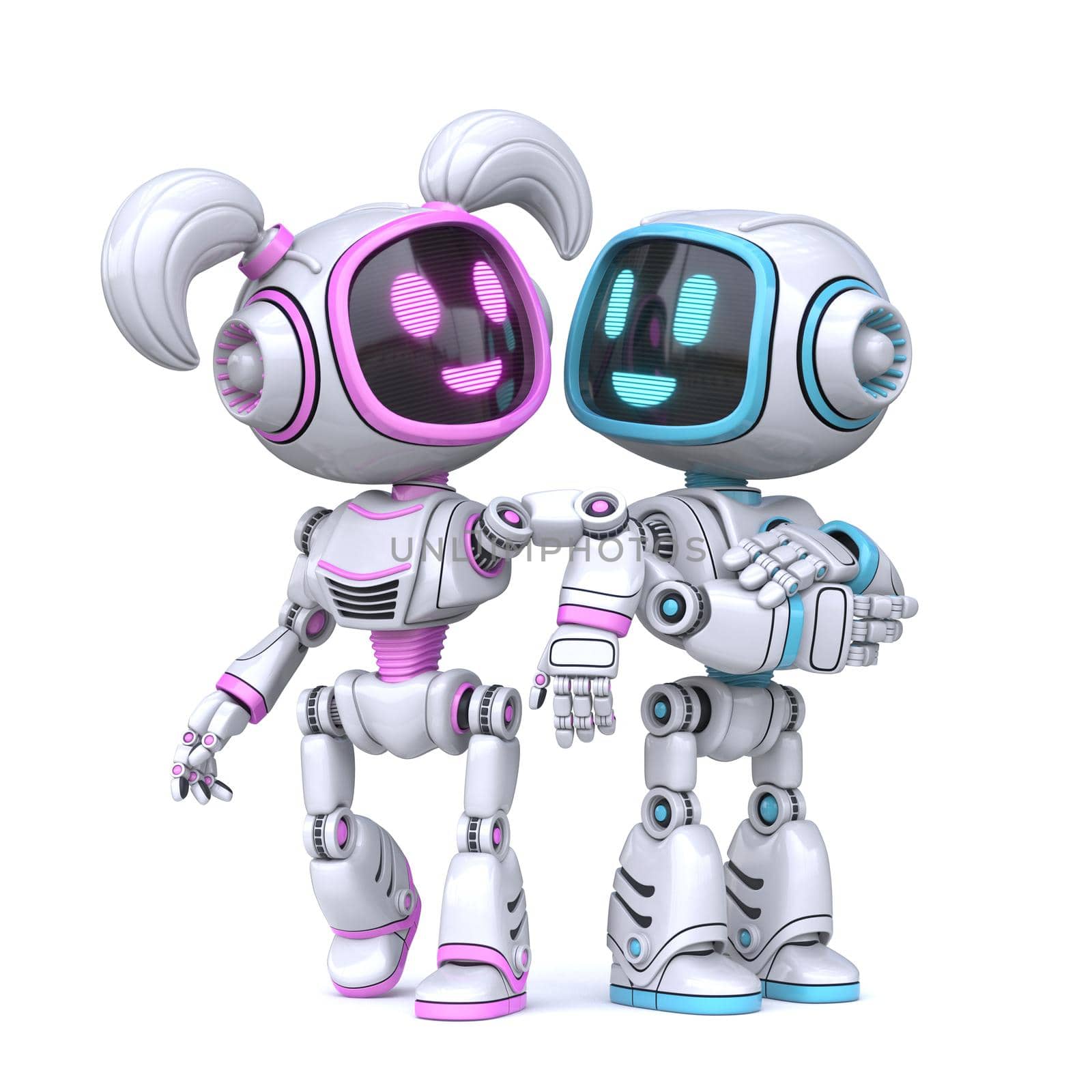 Cute pink girl and blue boy robots posing 3D rendering illustration isolated on white background