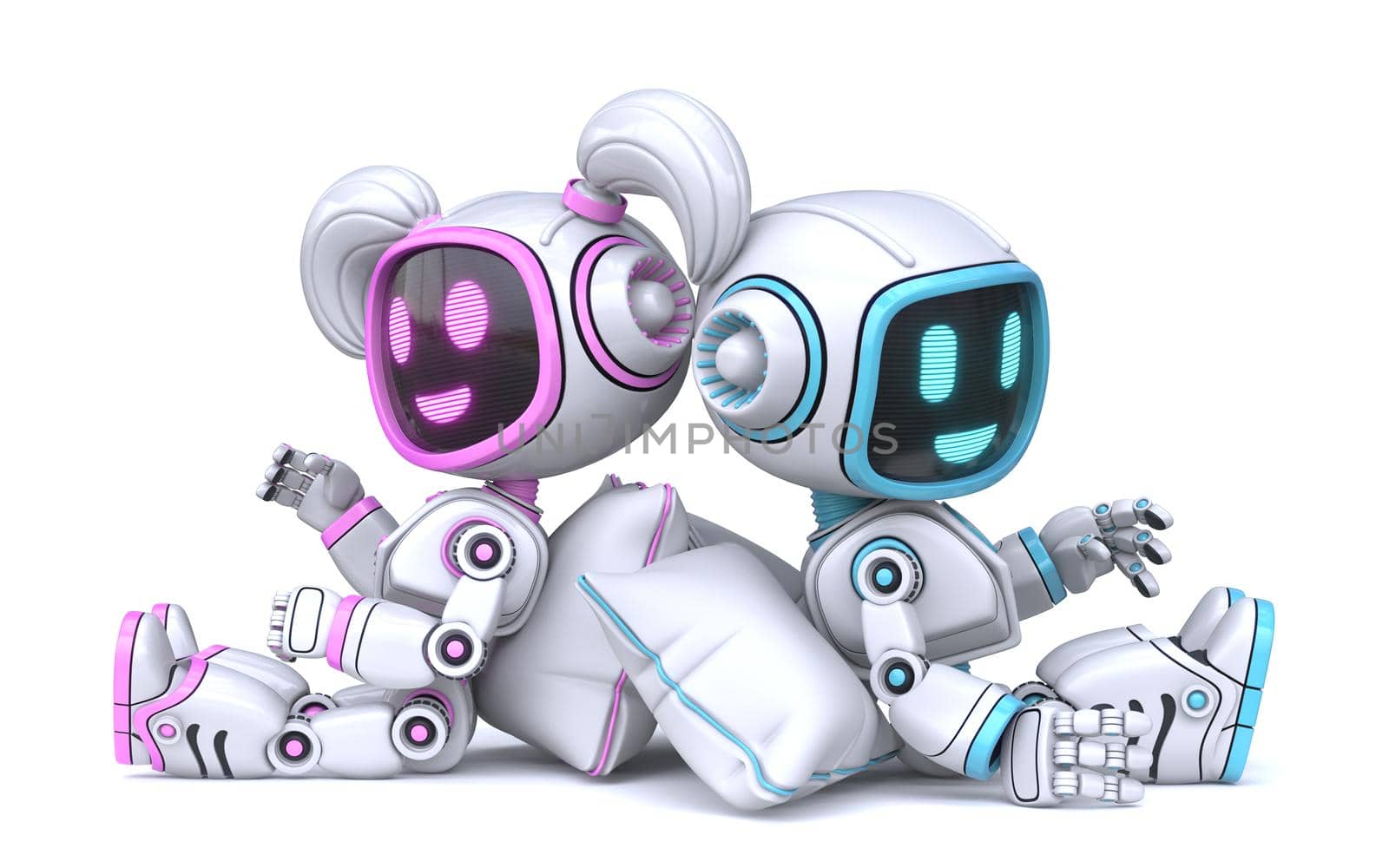 Cute pink girl and blue boy robots talking an pillows 3D by djmilic