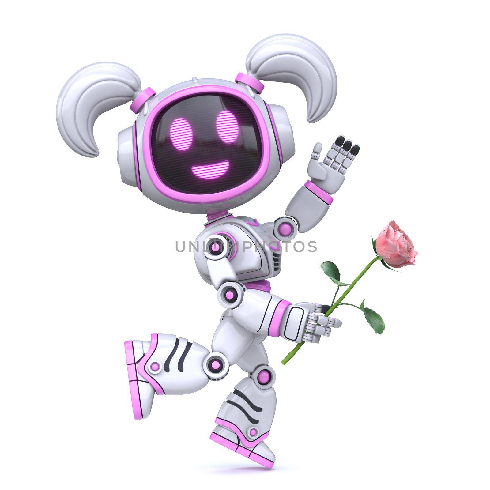 Cute pink girl robot in love hold rose 3D by djmilic