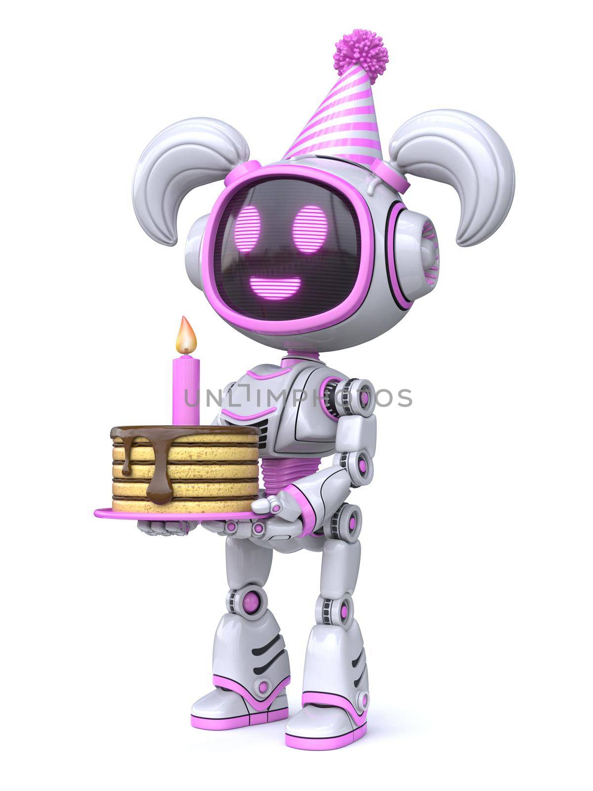 Cute pink girl robot with birthday cap and cake 3D rendering illustration isolated on white background