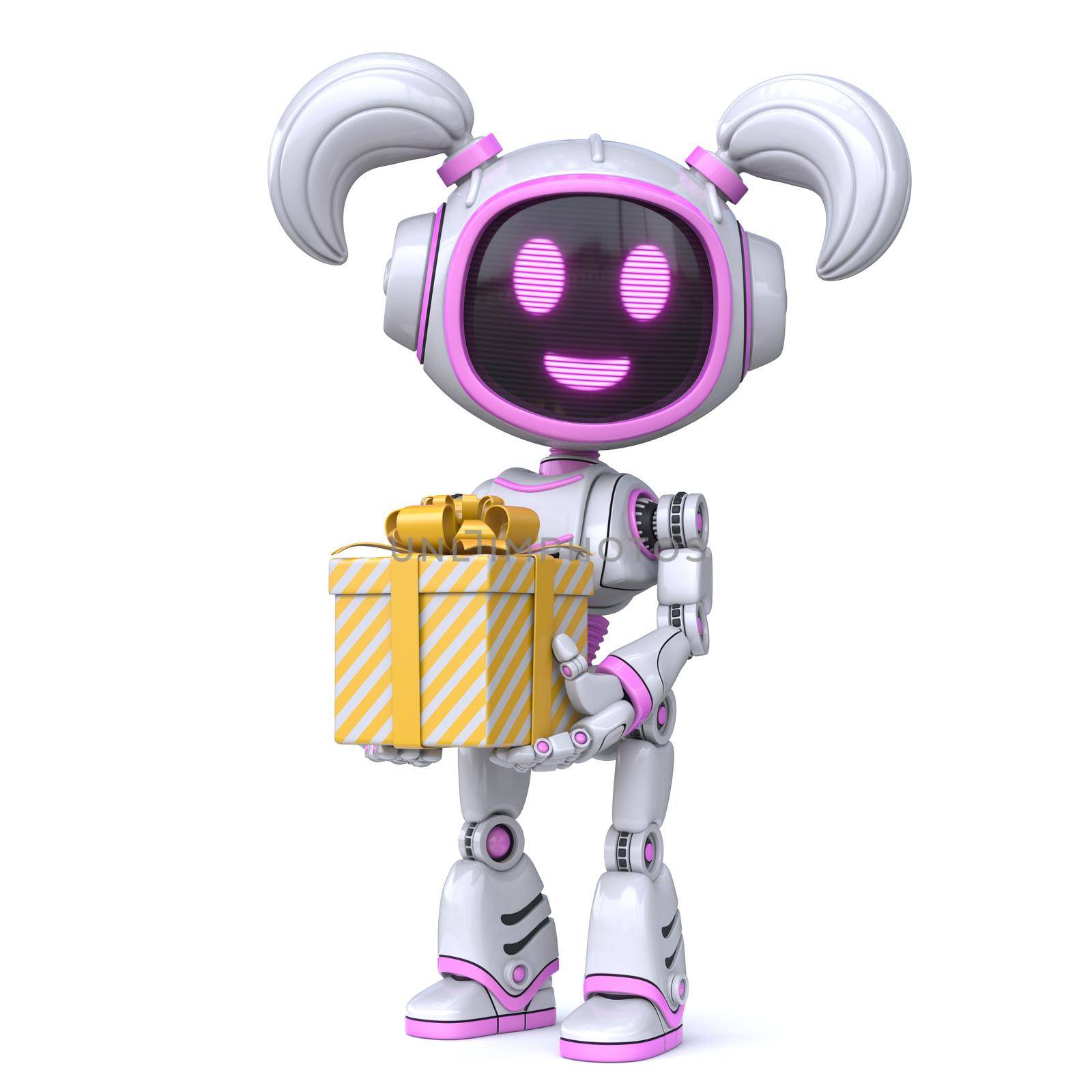 Cute pink girl robot holding small gift box 3D rendering illustration isolated on white background