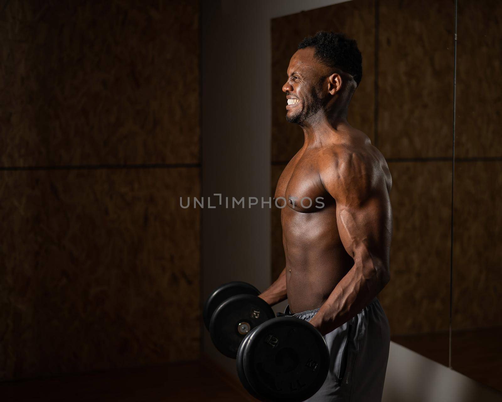 Muscular dark-skinned man doing an exercise with dumbbells