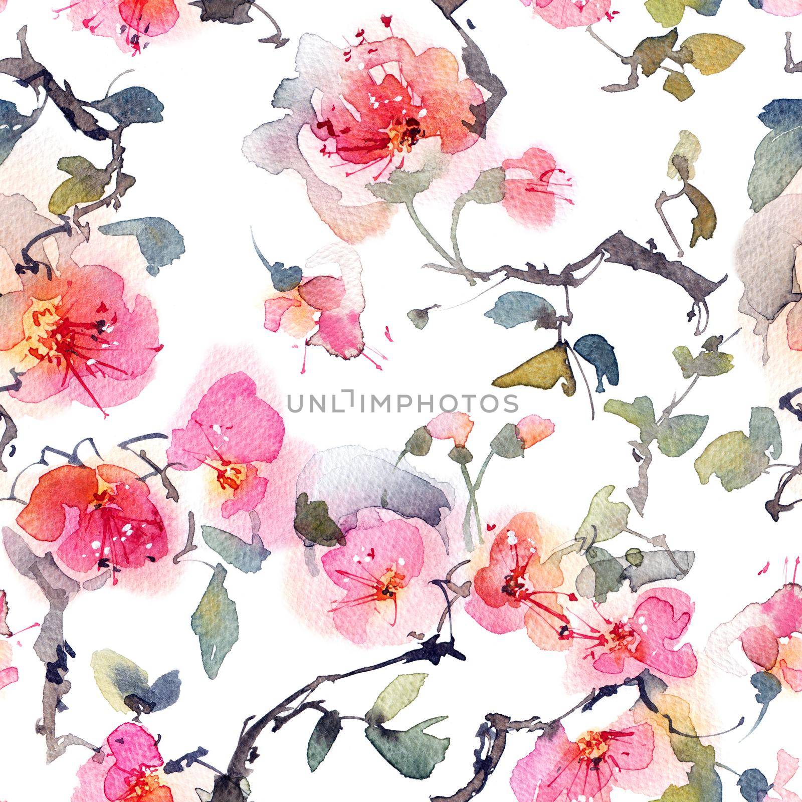 Watercolor seamless pattern, blossom tree with flowers and leaves, artistic painting
