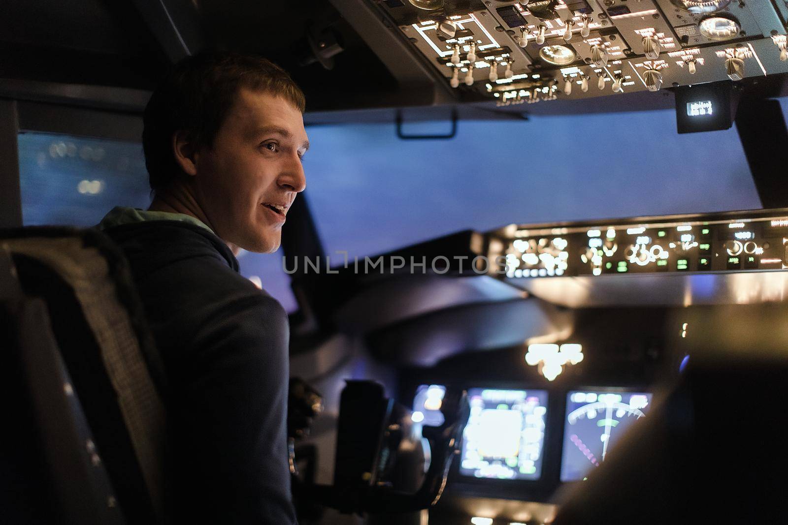 Man pilot plane flight simulator pilots training by Demkat