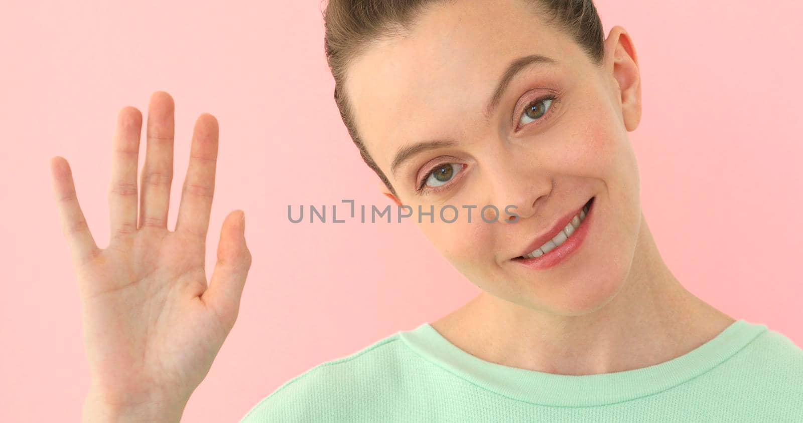 Woman saying hi, waving her hand Positive girl by Demkat