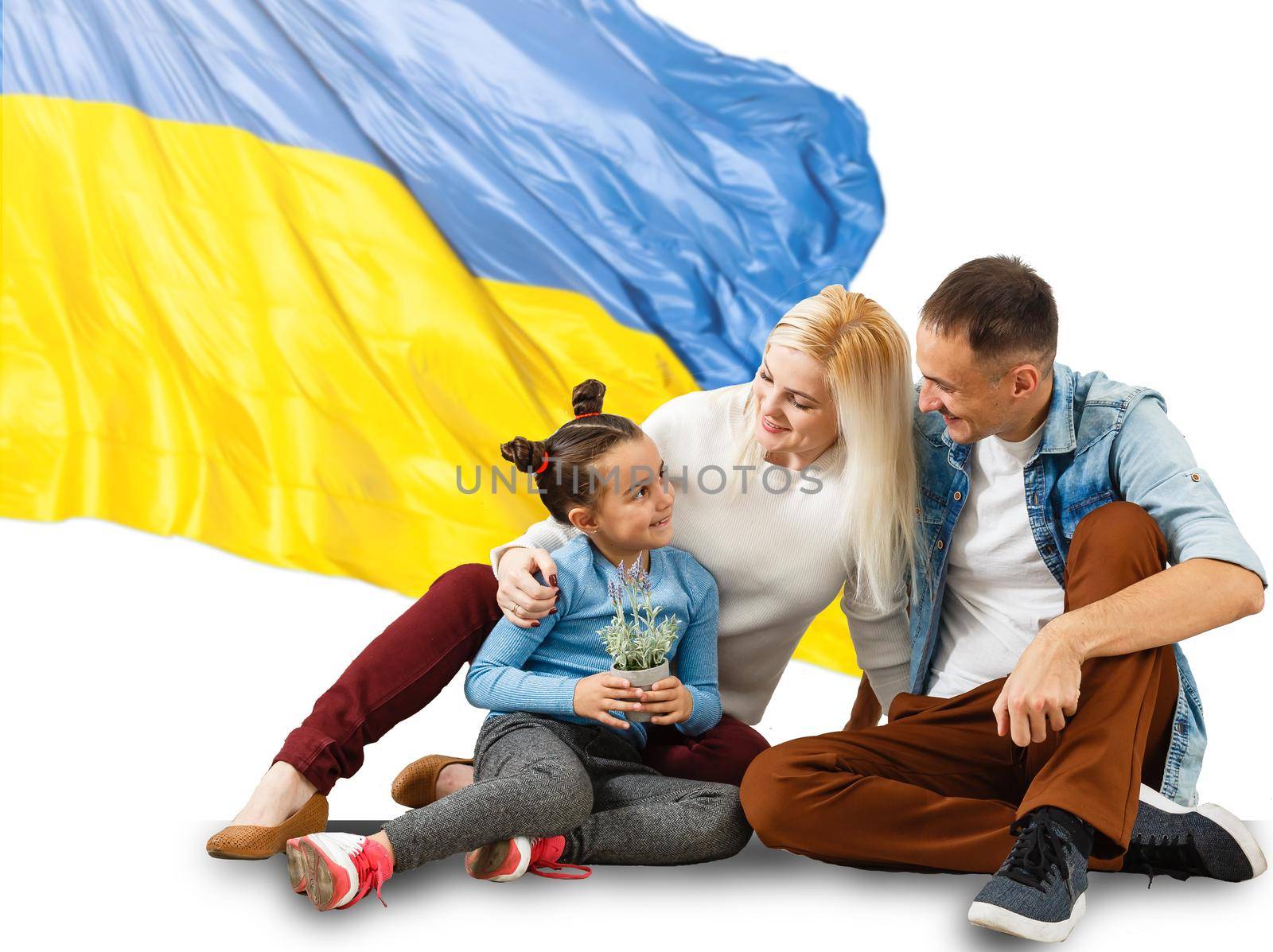 family with flag of ukrainet, yellow and blue colors of the Ukrainian flag. Family, unity, support,. Russia's invasion of Ukraine, a request for help to the world community. by Andelov13