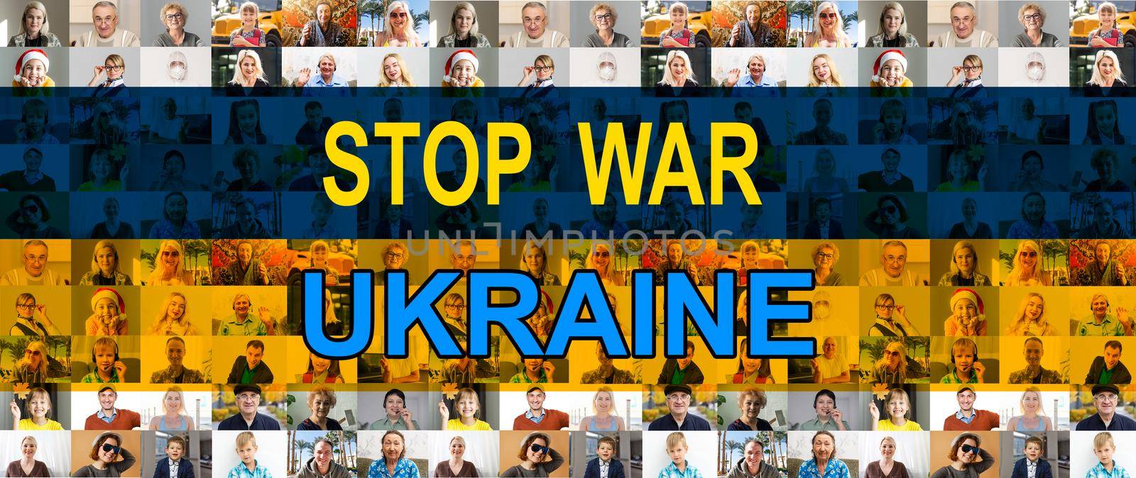 faces collage with flag ukraine. stop war.