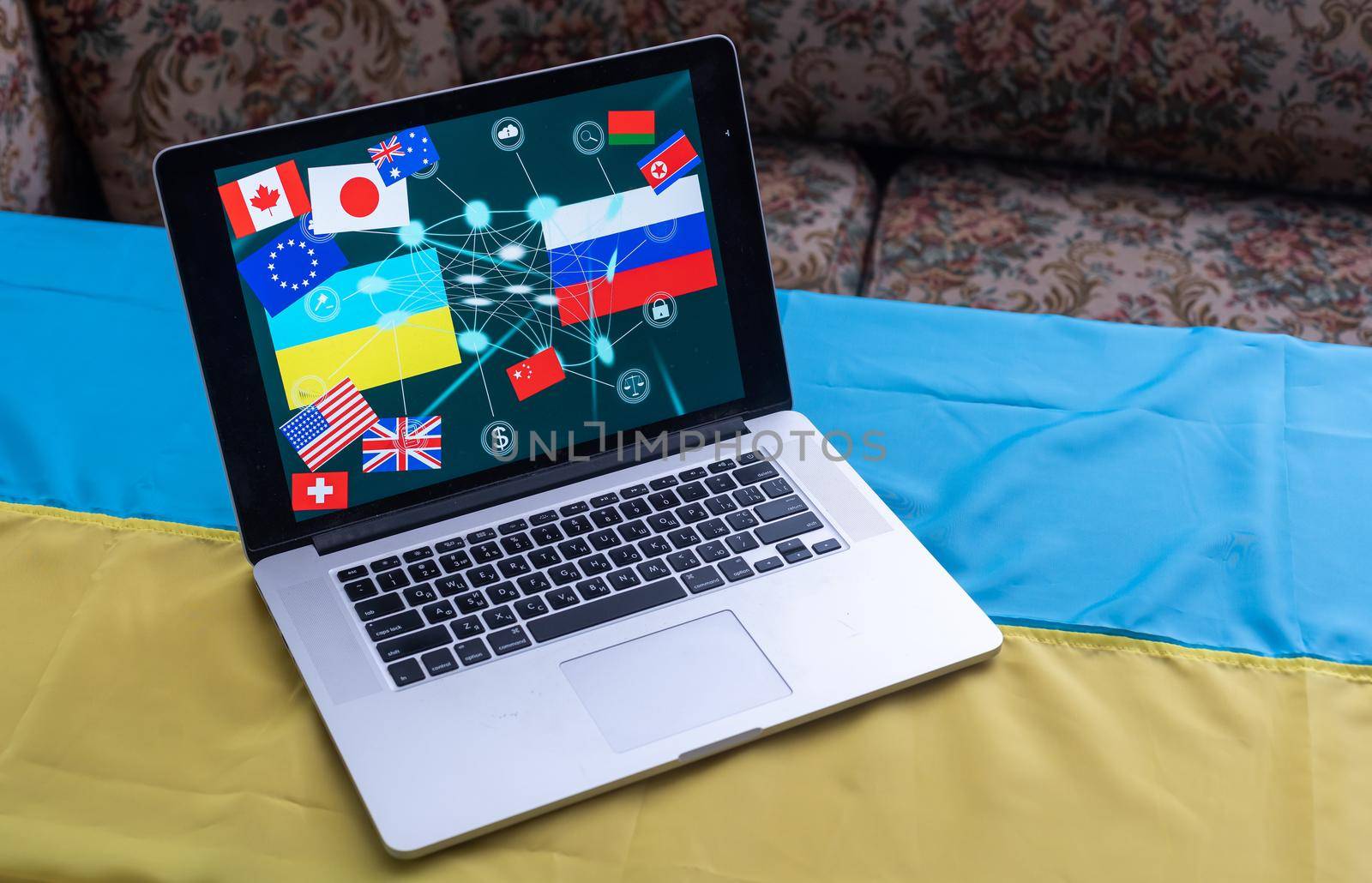 stop war and patriot. laptop, flag of ukraine.