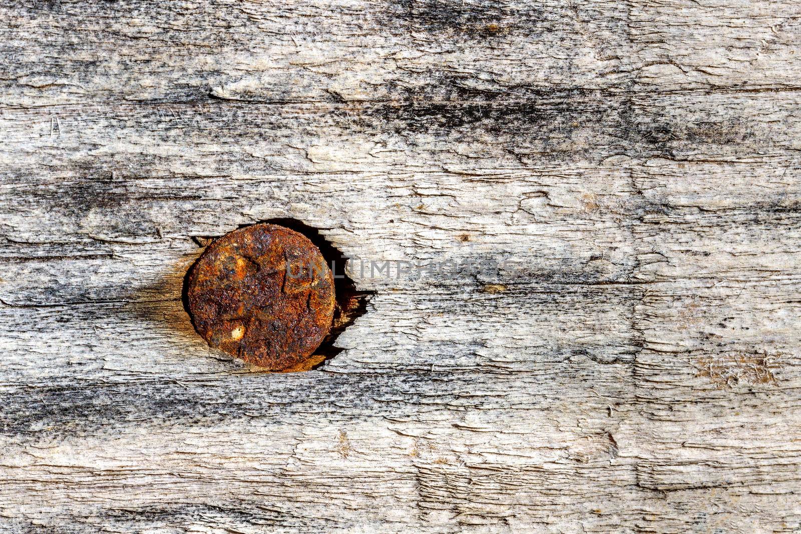 Close up shot of wood board with a rusty nail