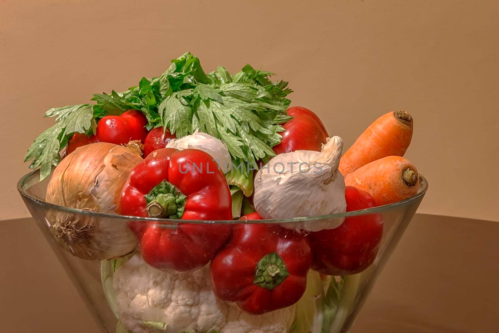 Vegetables in a bowl on a table, prepared for salad by EdVal