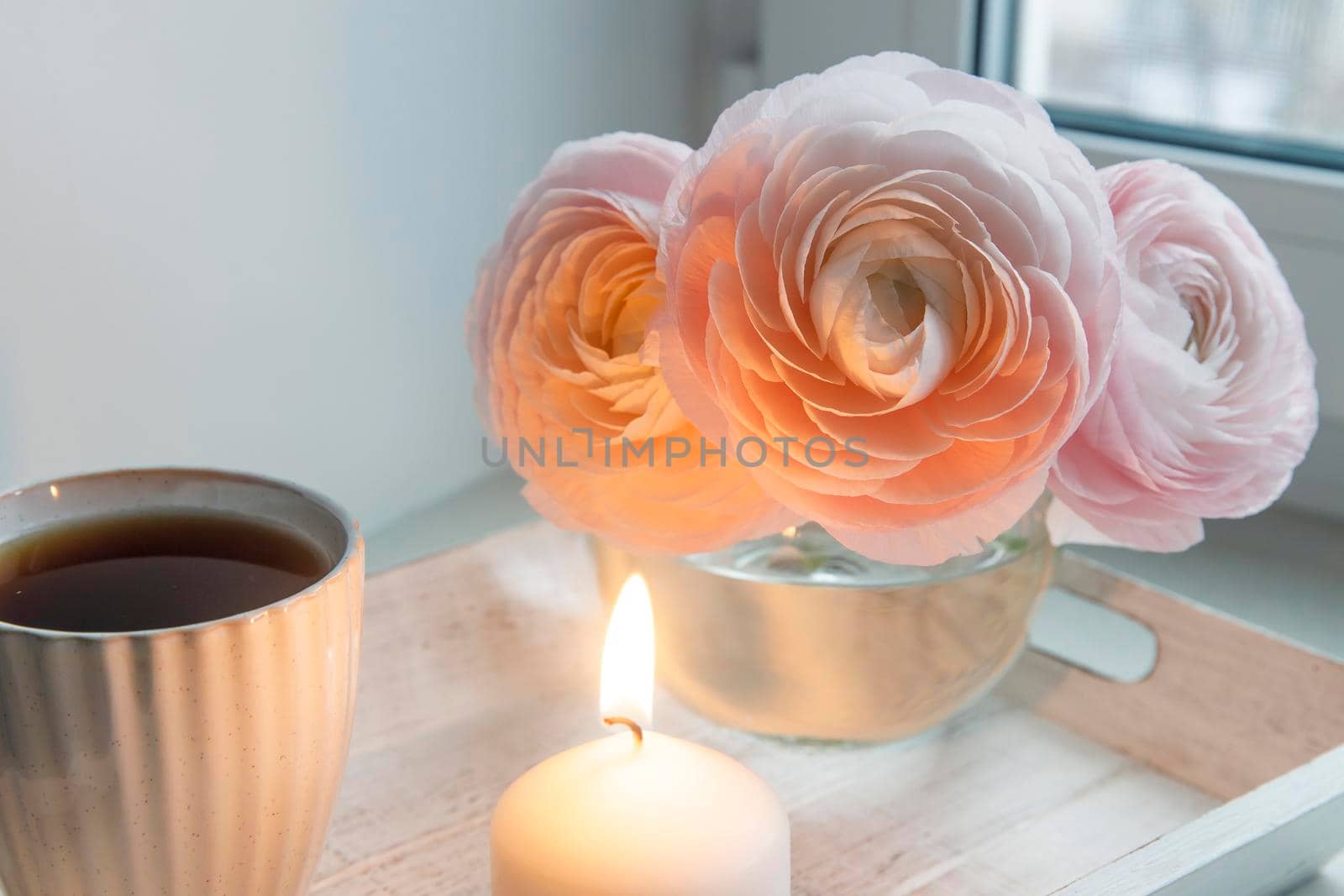 Three pale pink ranunculus in a transparent round vase and cup with tea and candle on the white windowsill. Copy space. Place for text by elenarostunova